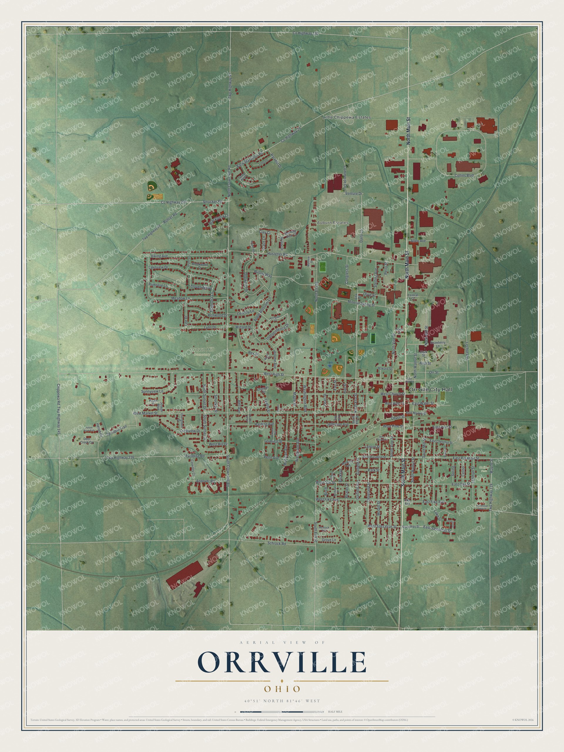 Aerial view map of Orrville, Ohio in soft green with red buildings, white roads and farm fields around the town