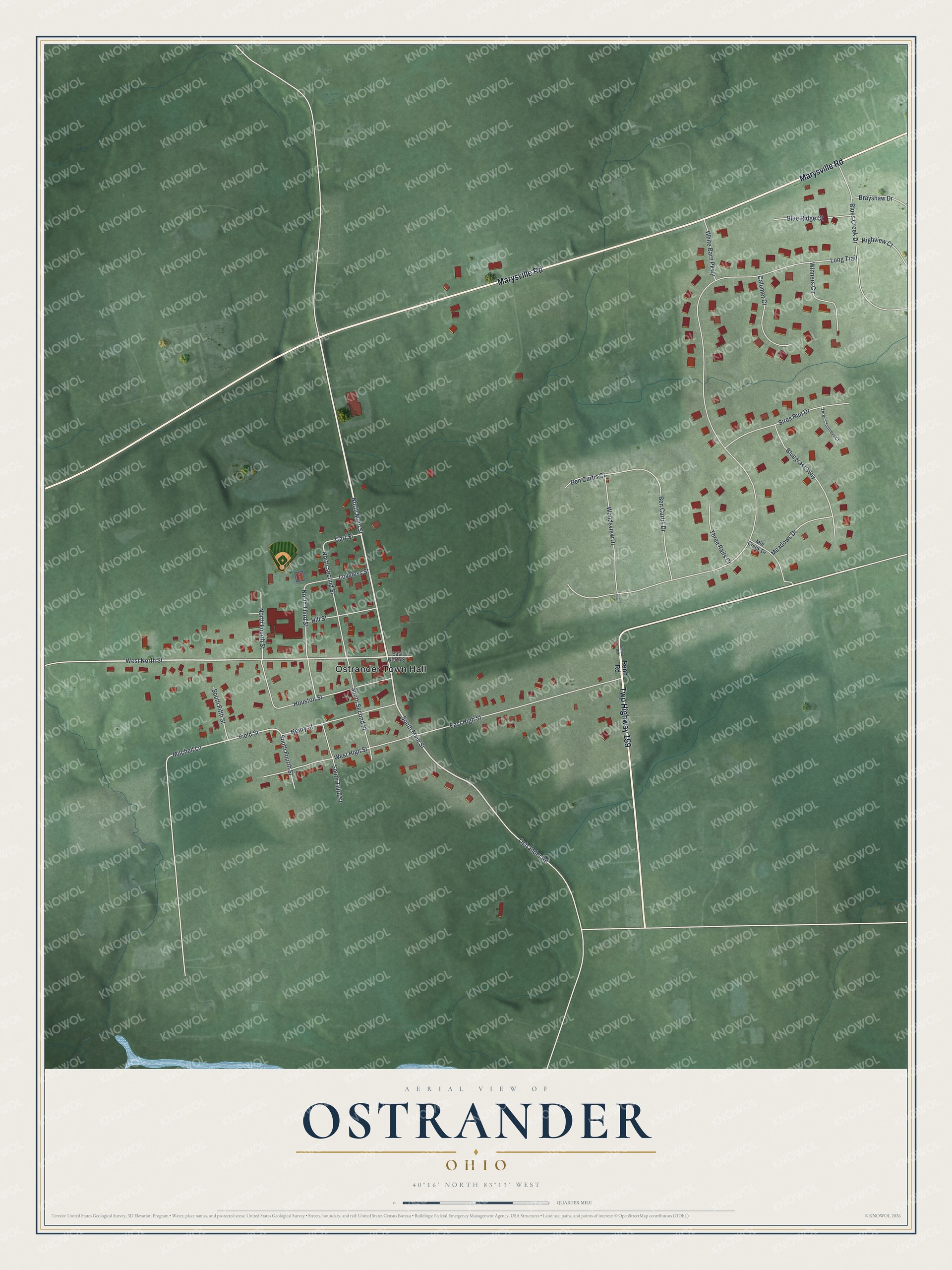 Full map of Ostrander, Ohio, with red buildings, printed street names and the land around them