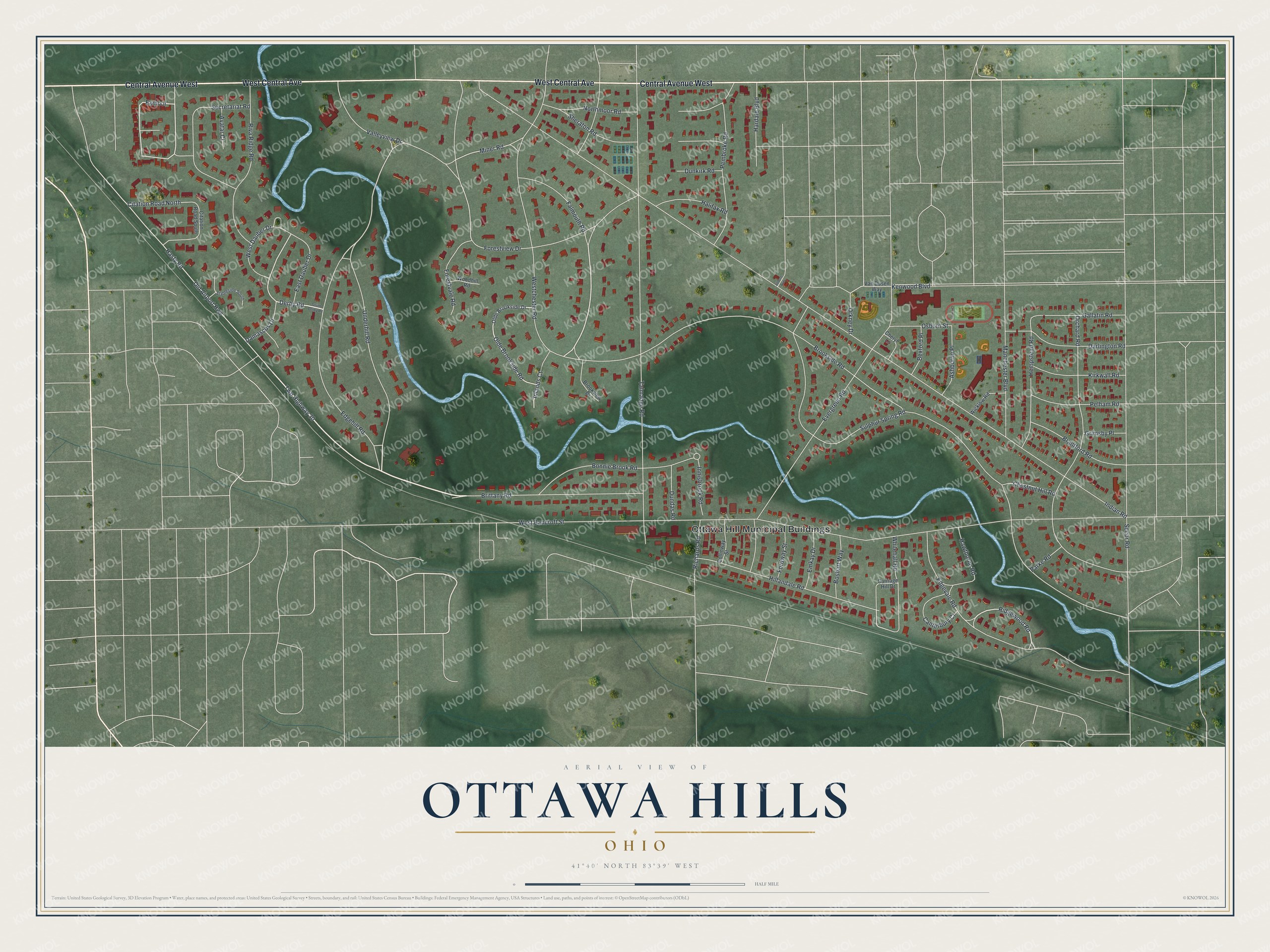 Full map of Ottawa Hills, Ohio, with red buildings, printed street names and the land around them