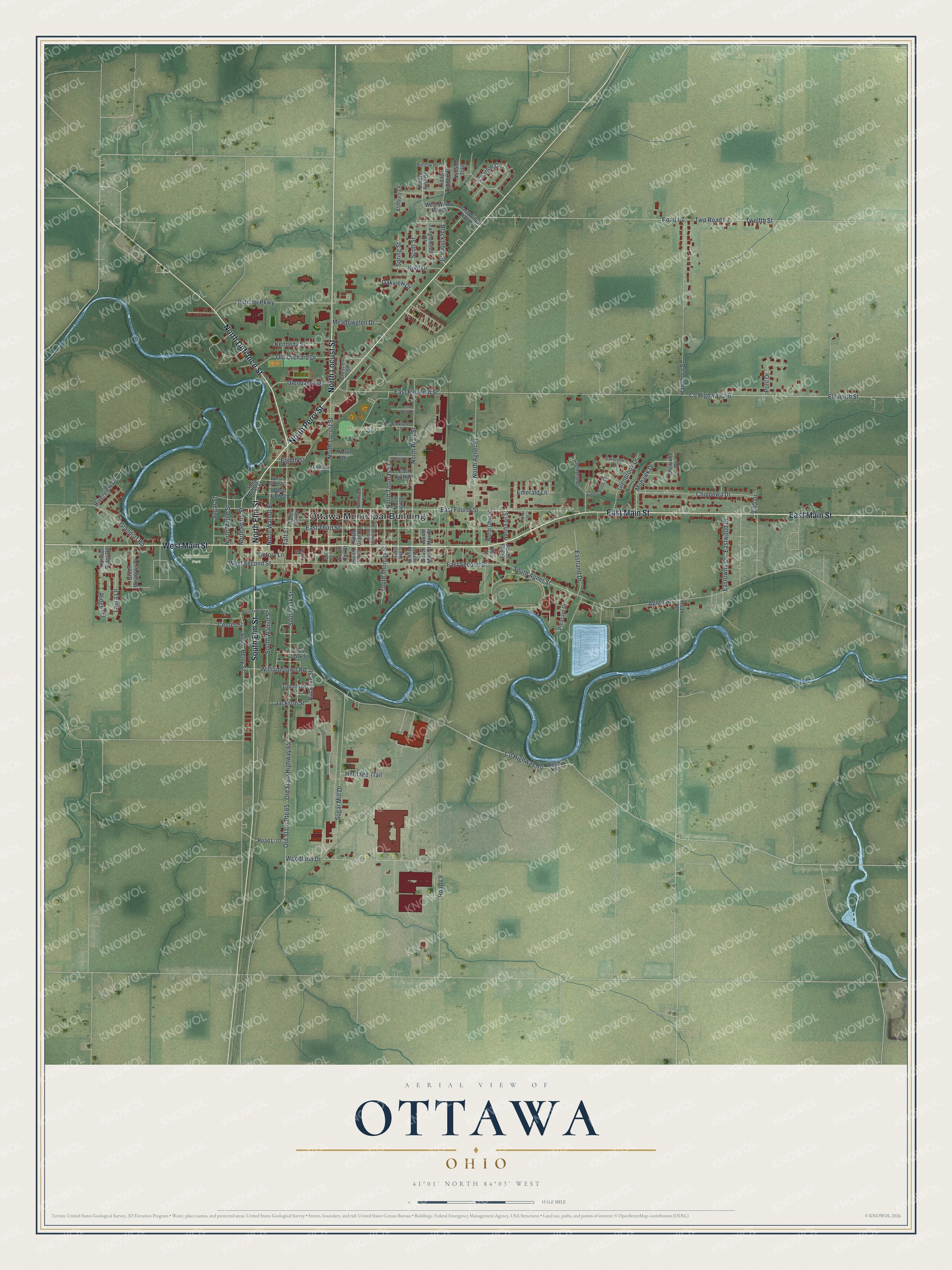 Aerial-style map of Ottawa, Ohio, with red buildings, a winding blue river and green farm fields around the village