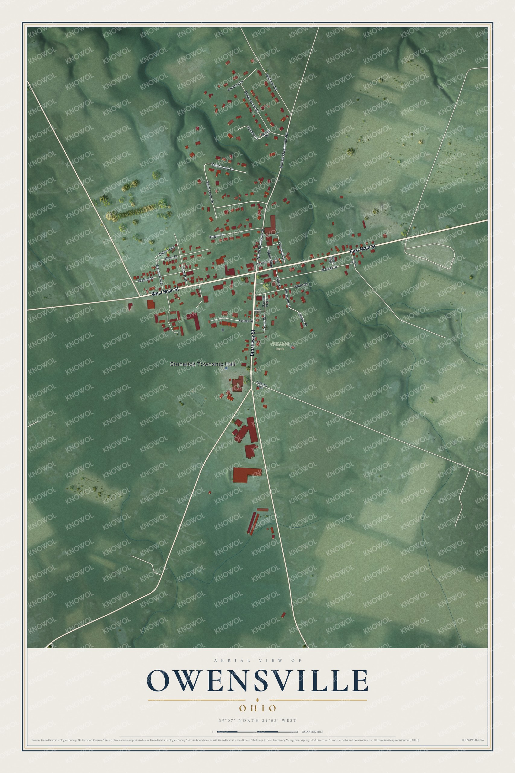 Full map of Owensville, Ohio, with red buildings, printed street names and the land around them