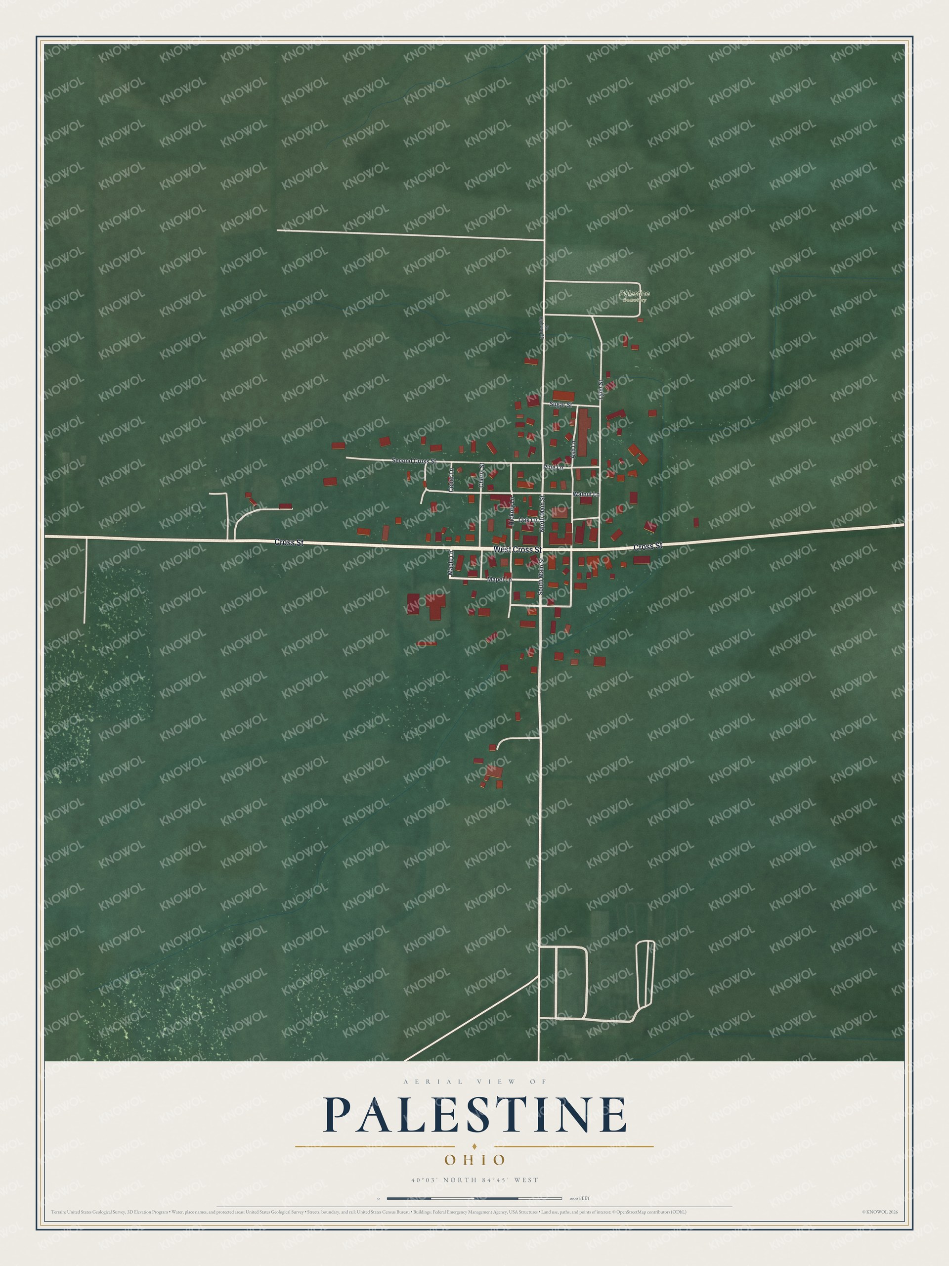 Full map of Palestine, Ohio, with red buildings, printed street names and the land around them