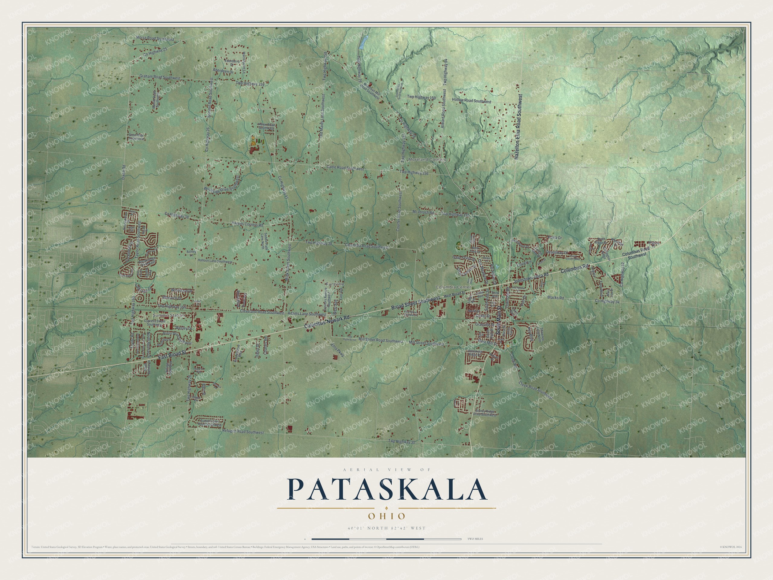 Aerial map of Pataskala, Ohio with green shaded hills, blue creeks and red buildings along Broad Street