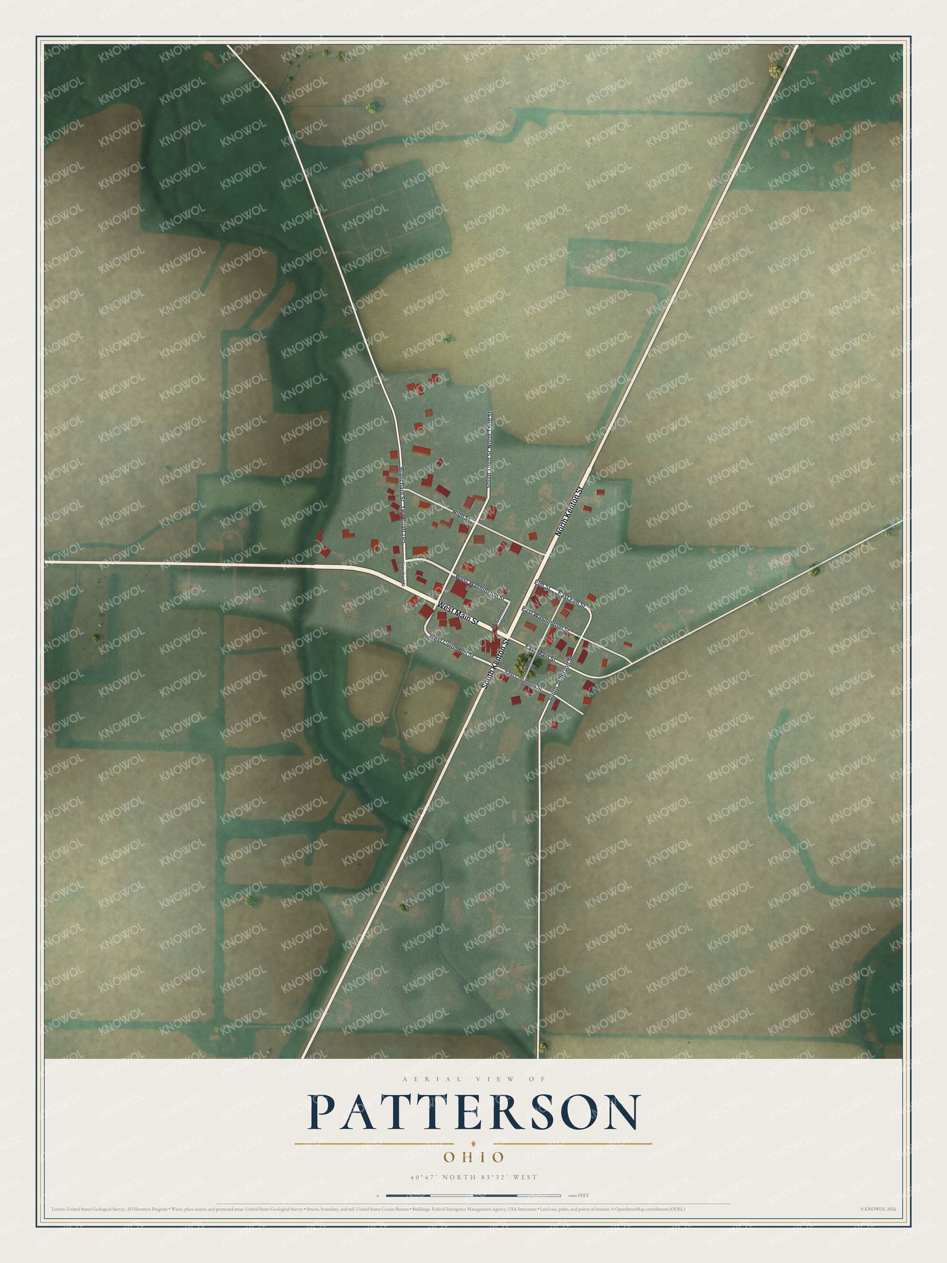 Full map of Patterson, Ohio, with red buildings, printed street names and the land around them