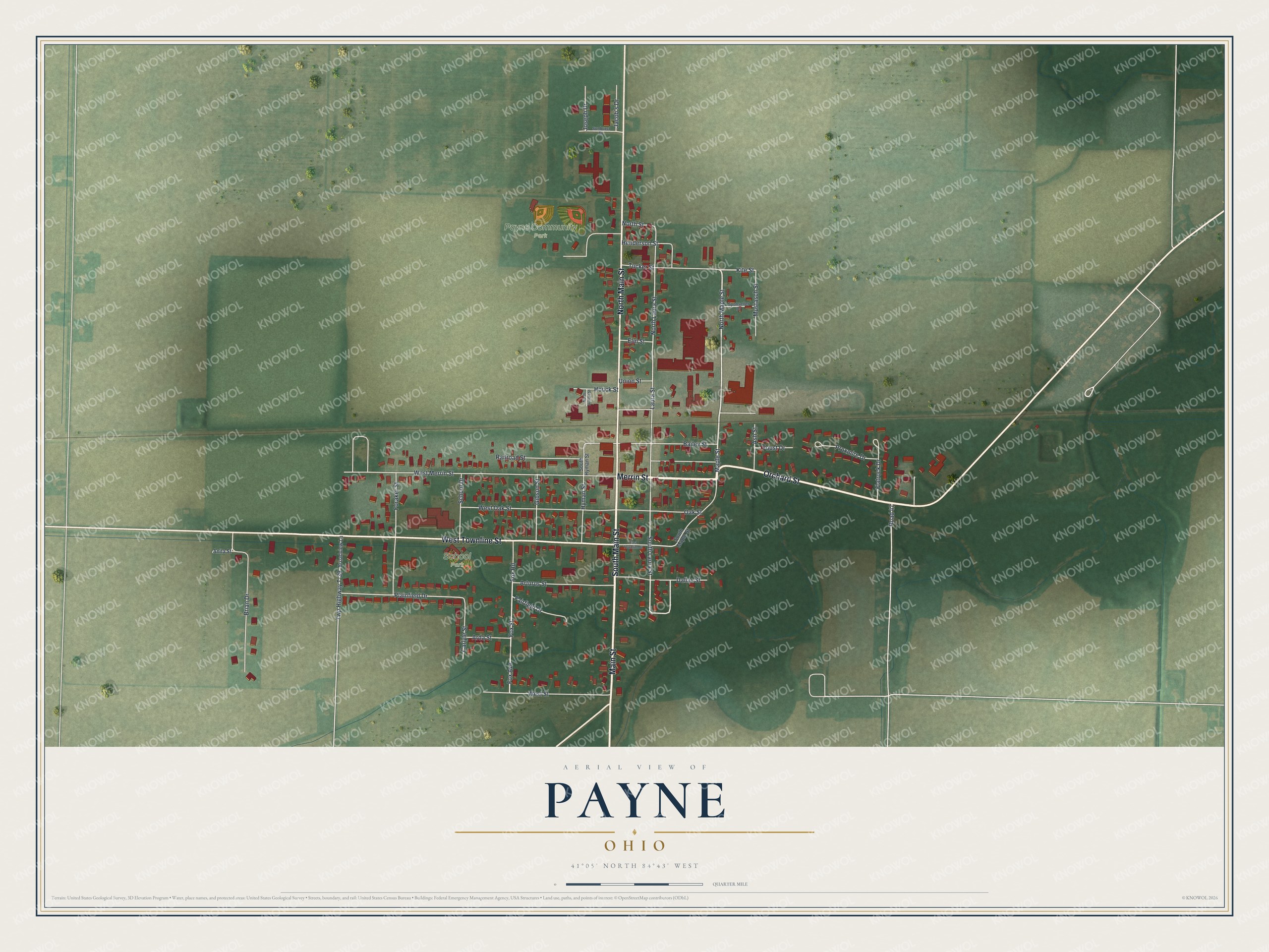 Full map of Payne, Ohio, with red buildings, printed street names and the land around them