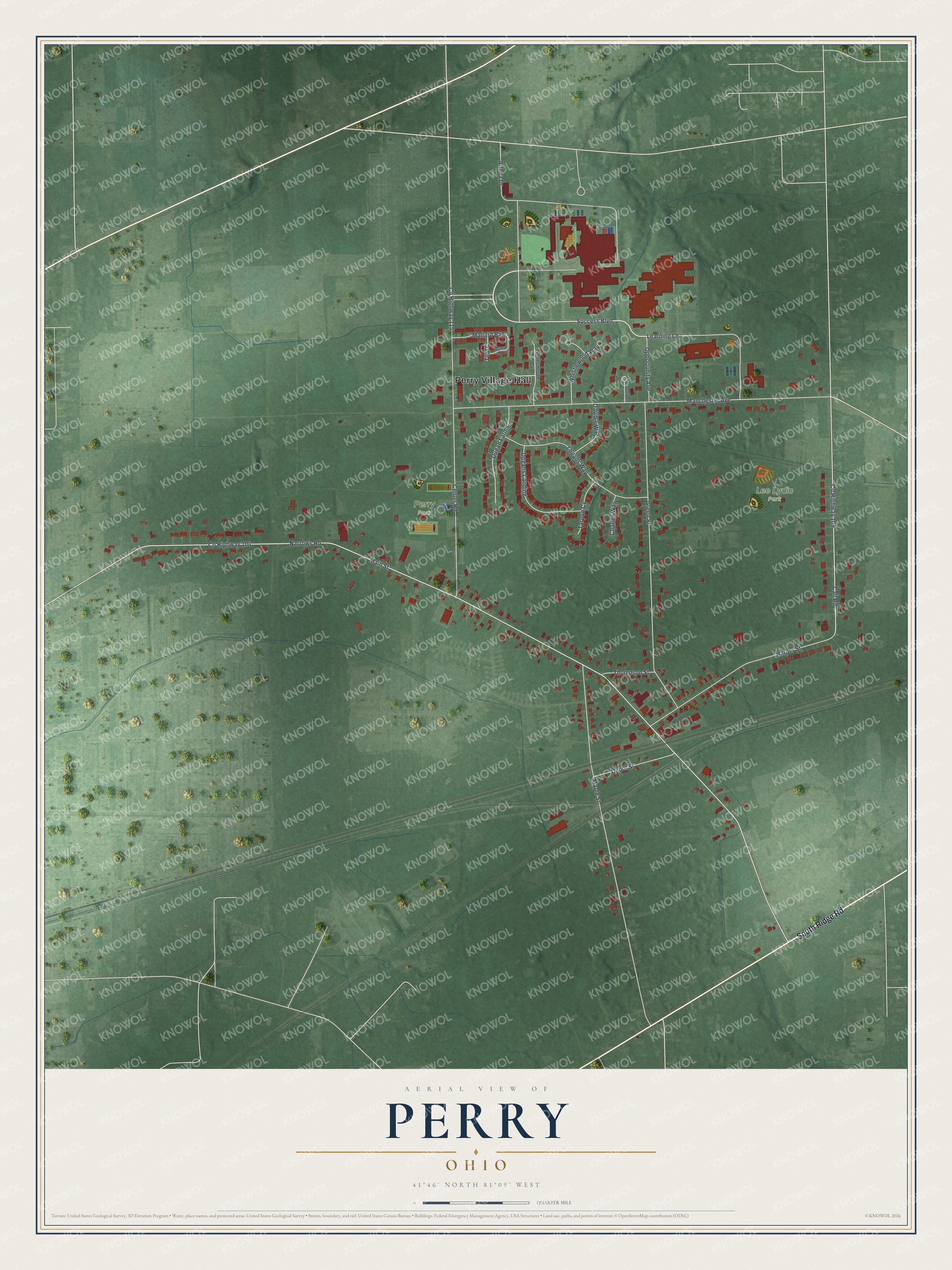 Full map of Perry, Ohio, with red buildings, printed street names and the land around them