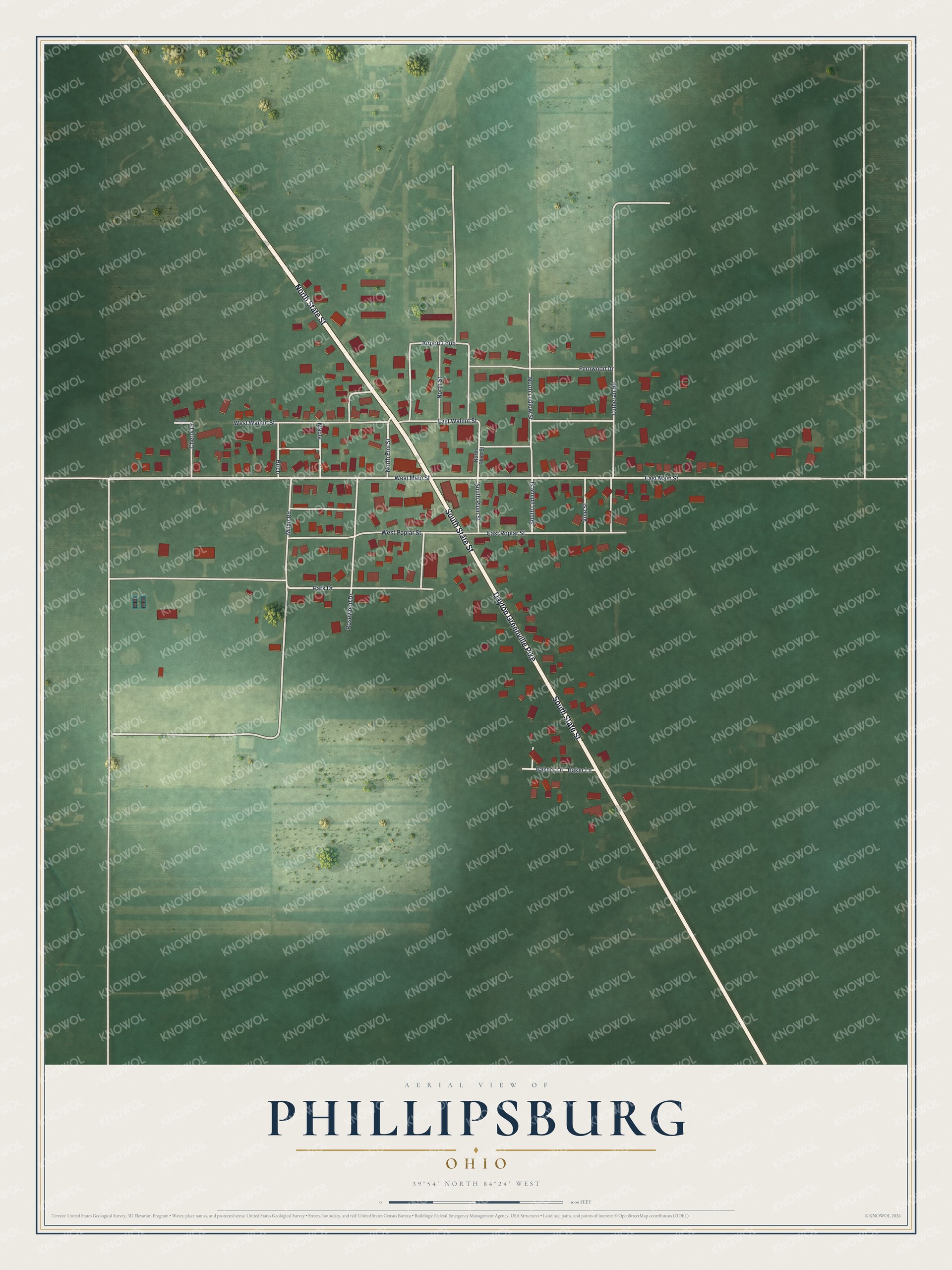 Full map of Phillipsburg, Ohio, with red buildings, printed street names and the land around them