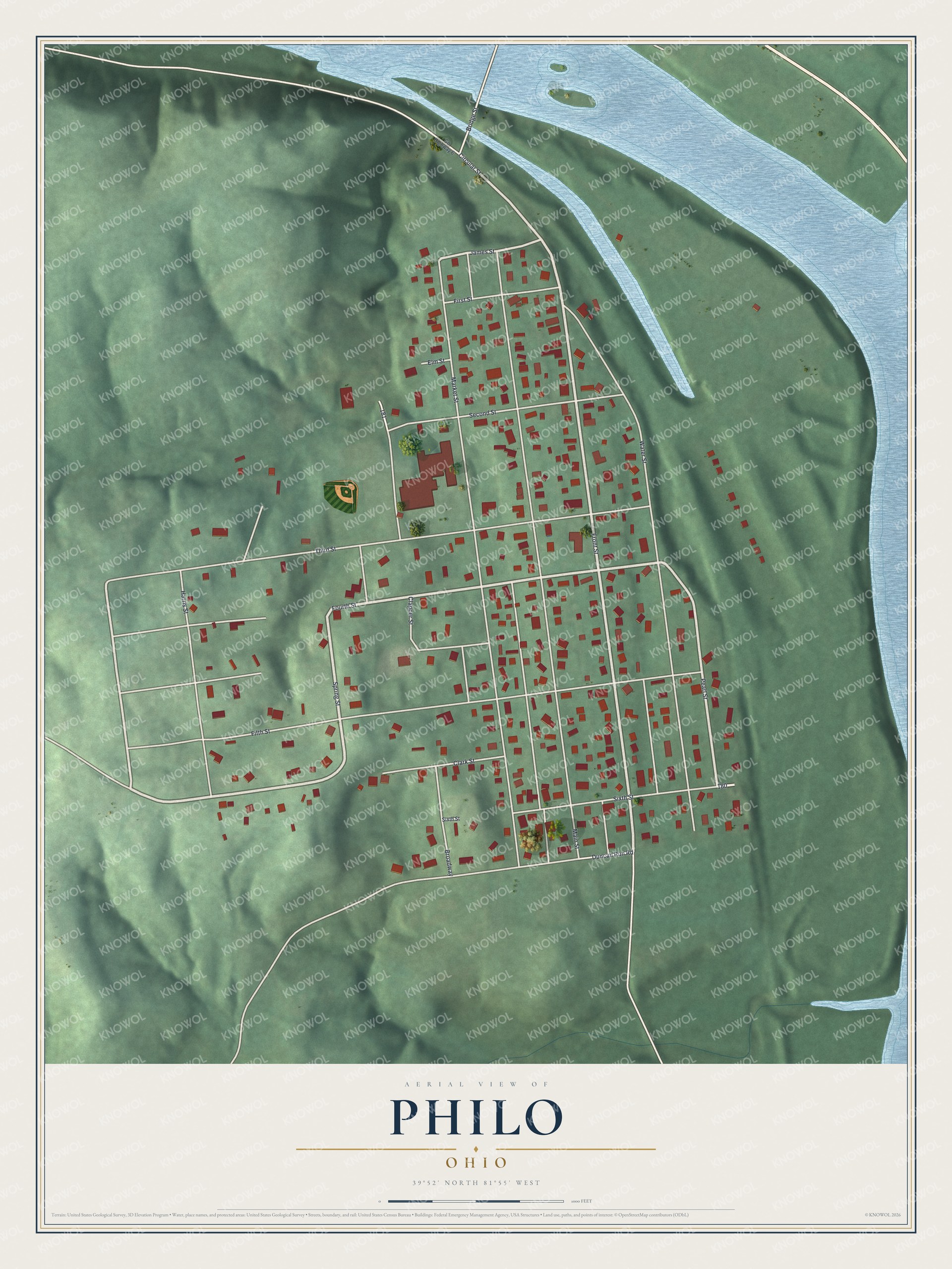 Full map of Philo, Ohio, with red buildings, printed street names and the land around them