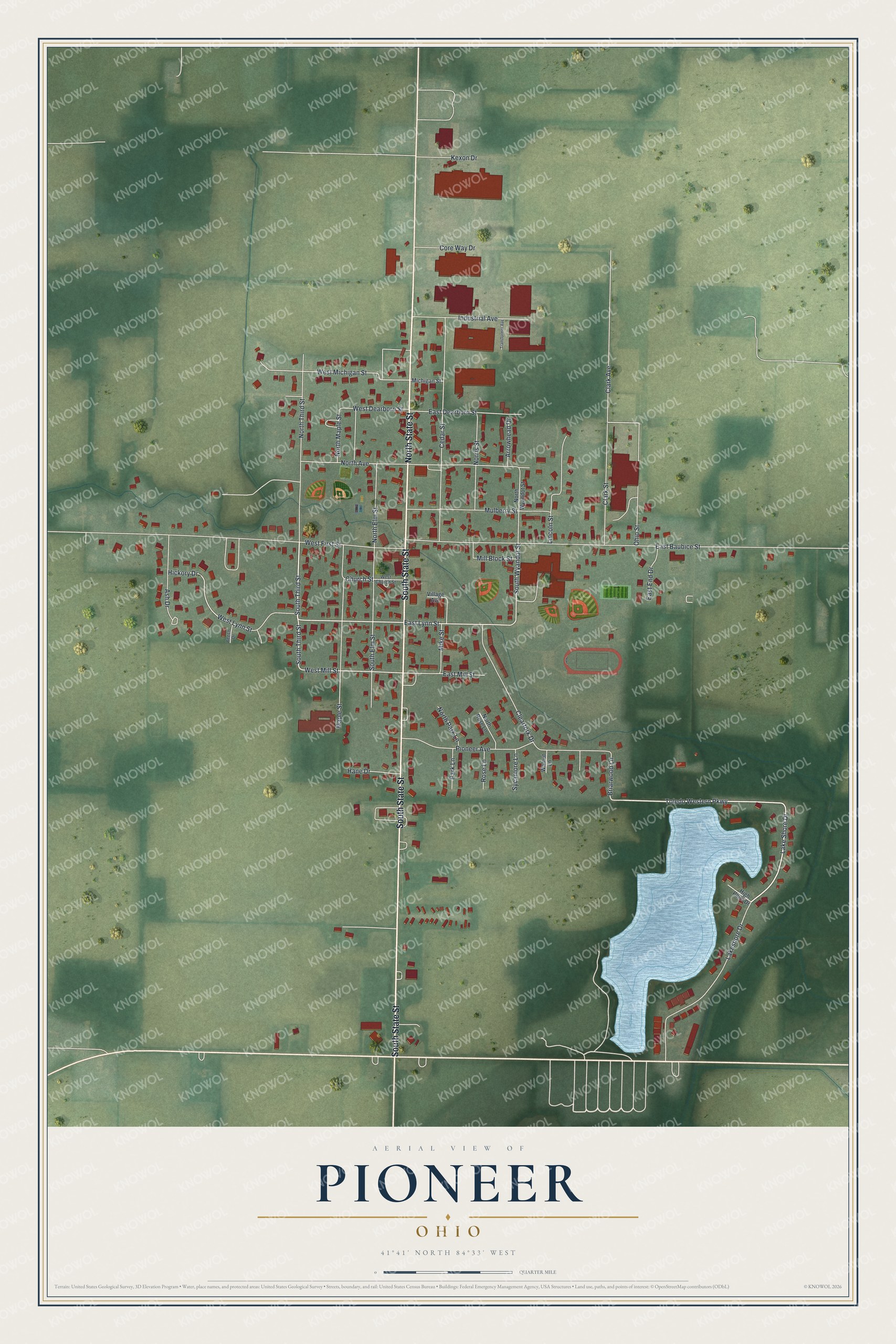 Full map of Pioneer, Ohio, with red buildings, printed street names and the land around them
