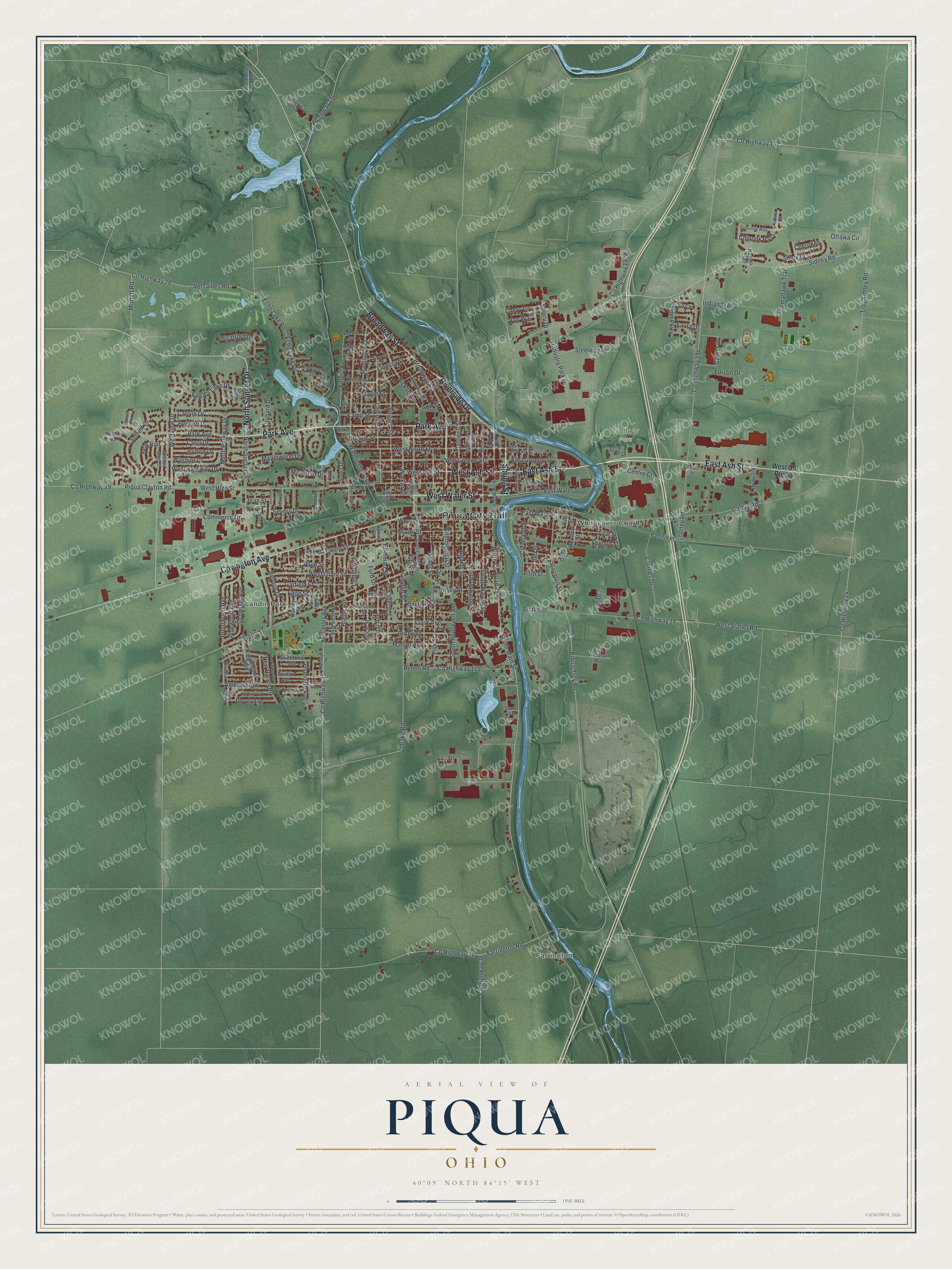 Map of Piqua, Ohio with the downtown grid on the river, Park Avenue, Landin Park, Whitackers Court and farmland out to Farrington