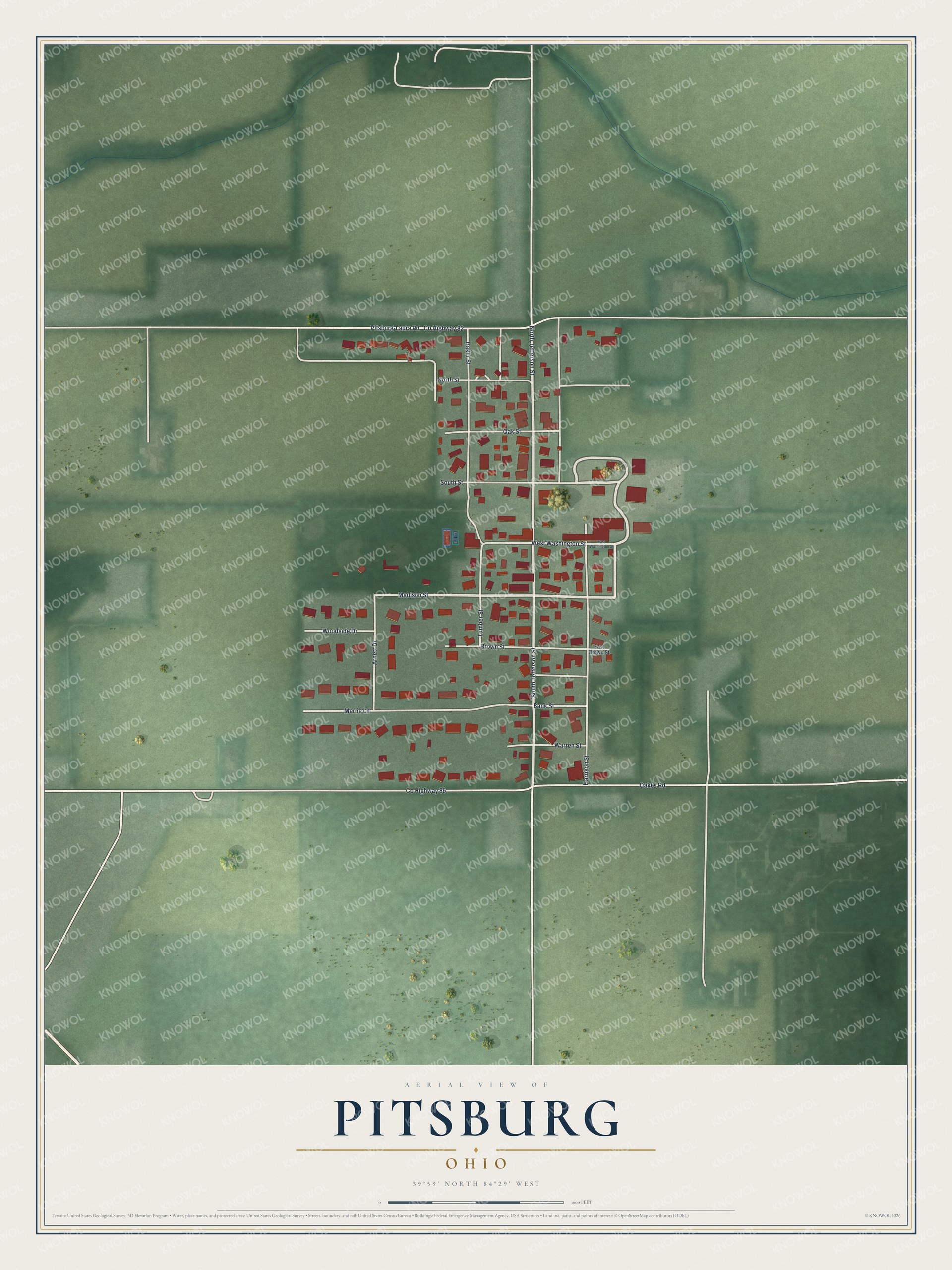 Full map of Pitsburg, Ohio, with red buildings, printed street names and the land around them