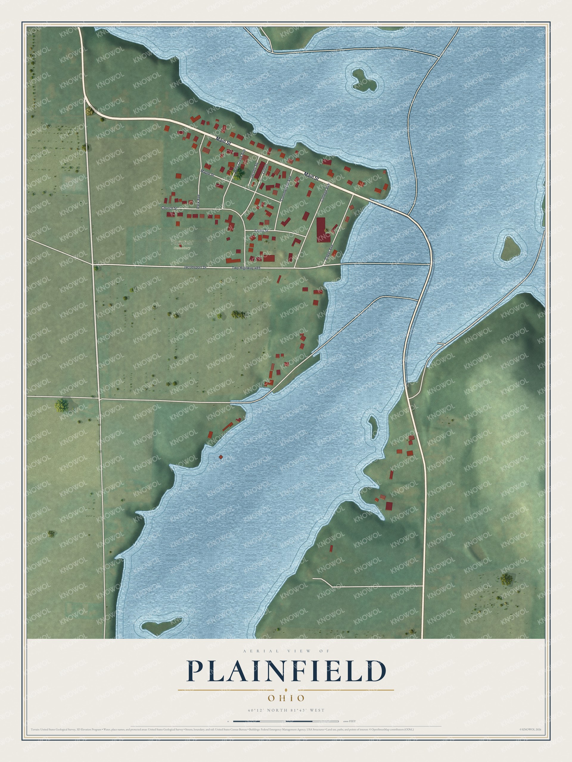 Aerial view map of Plainfield, Ohio with red buildings along Main St, green fields to the west and wide blue water to the east and south