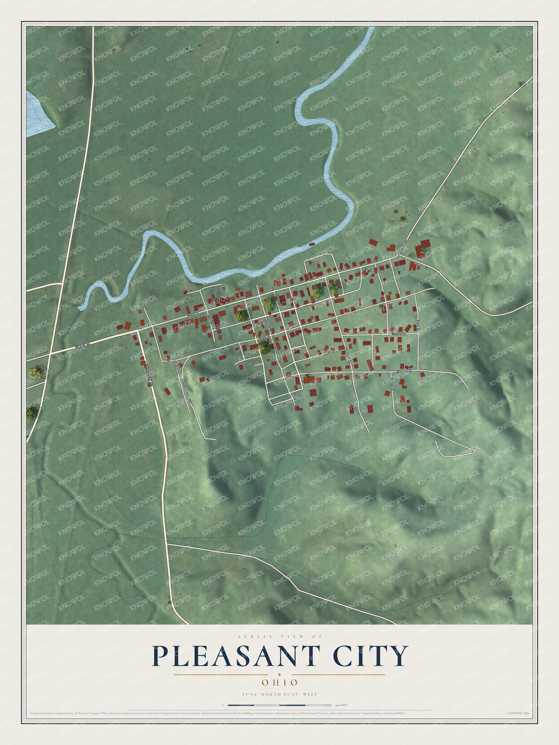 Full map of Pleasant City, Ohio, with red buildings, printed street names and the land around them