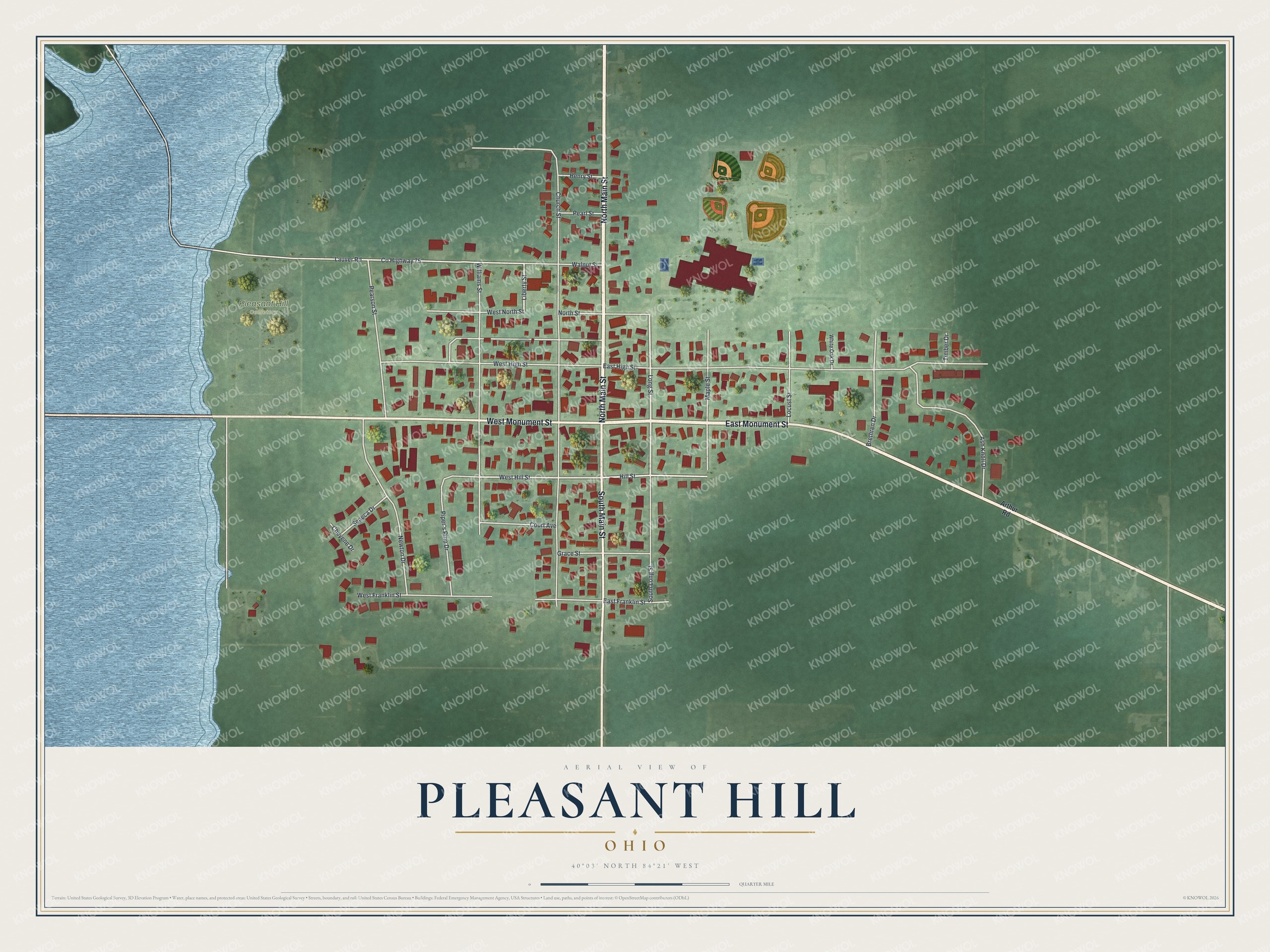 Full map of Pleasant Hill, Ohio, with red buildings, printed street names and the land around them