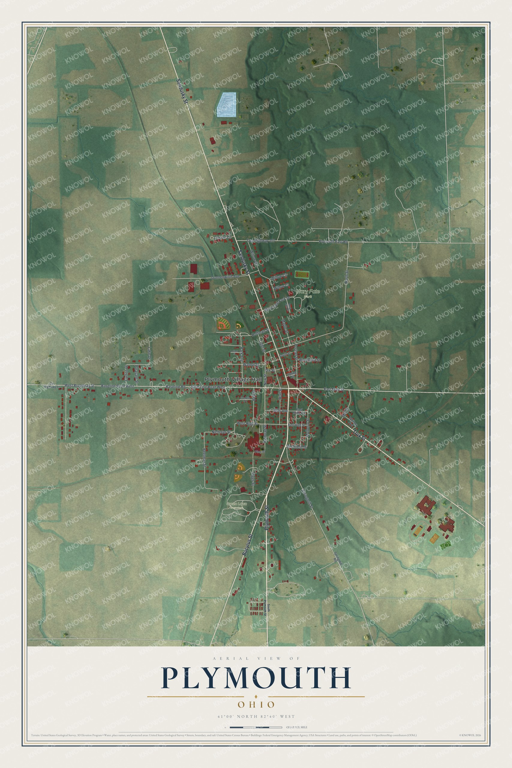 Full map of Plymouth, Ohio, with red buildings, printed street names and the land around them