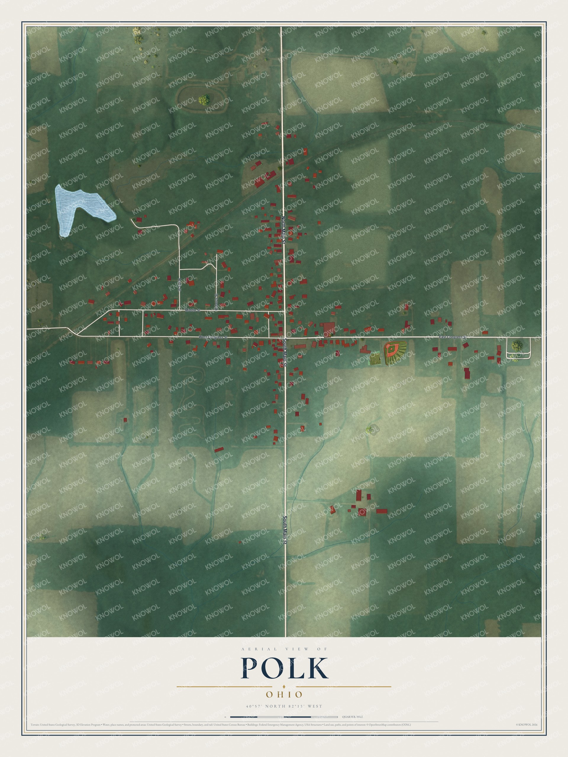 Full map of Polk, Ohio, with red buildings, printed street names and the land around them