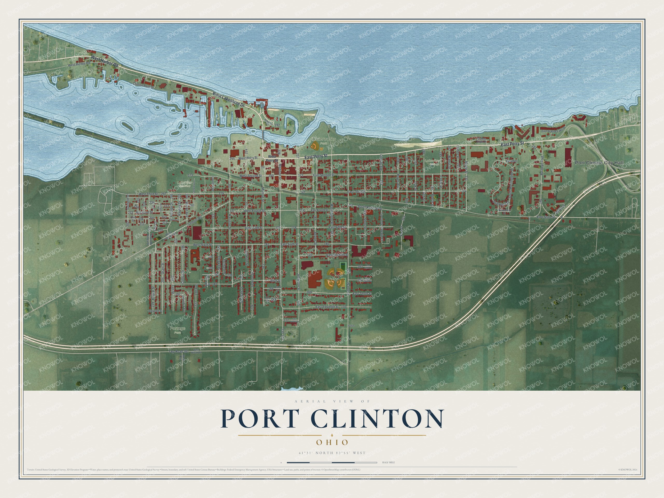Aerial style map of Port Clinton, Ohio, with blue lake water across the top, red buildings along a street grid and green fields below