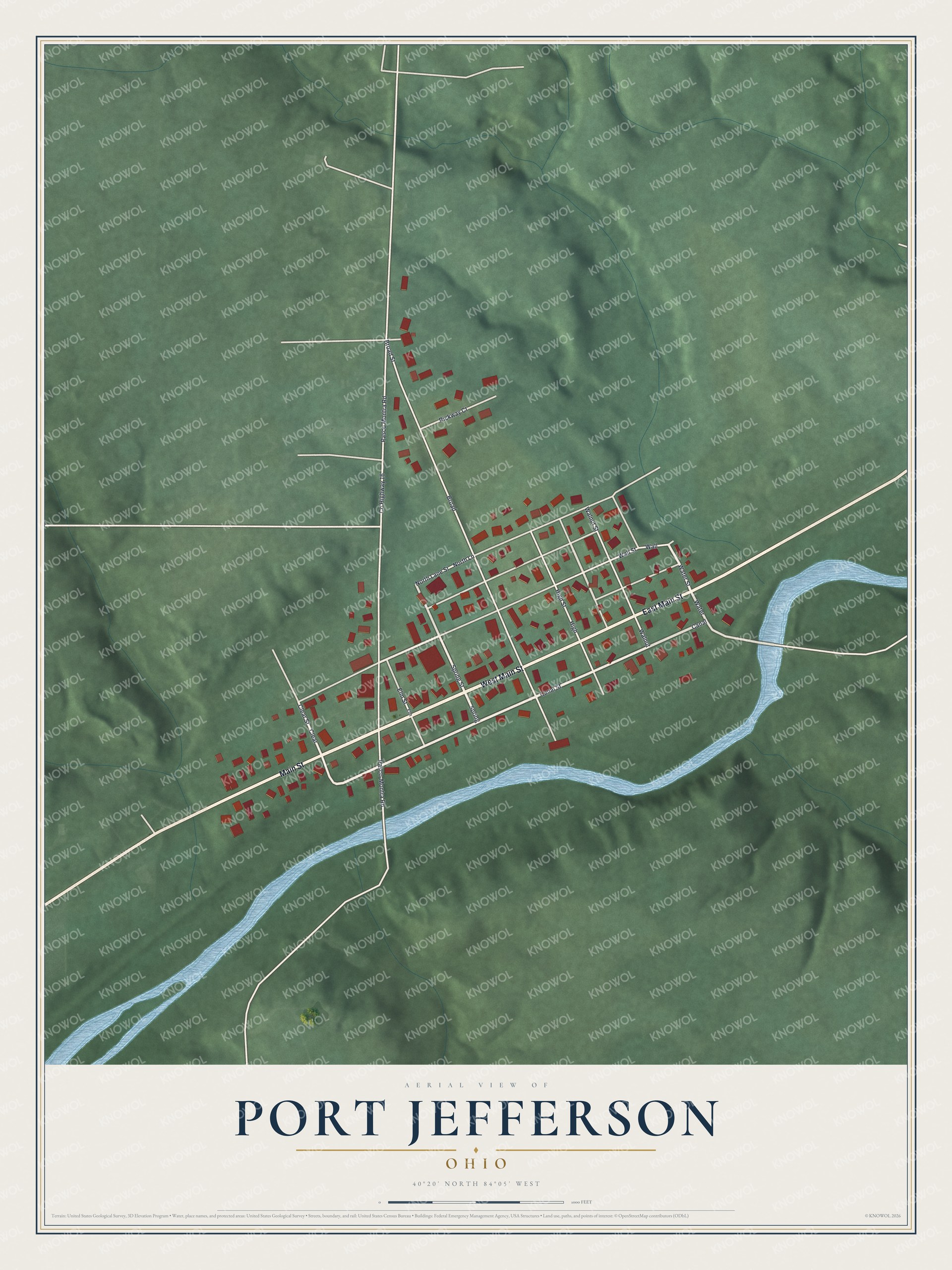 Full map of Port Jefferson, Ohio, with red buildings, printed street names and the land around them