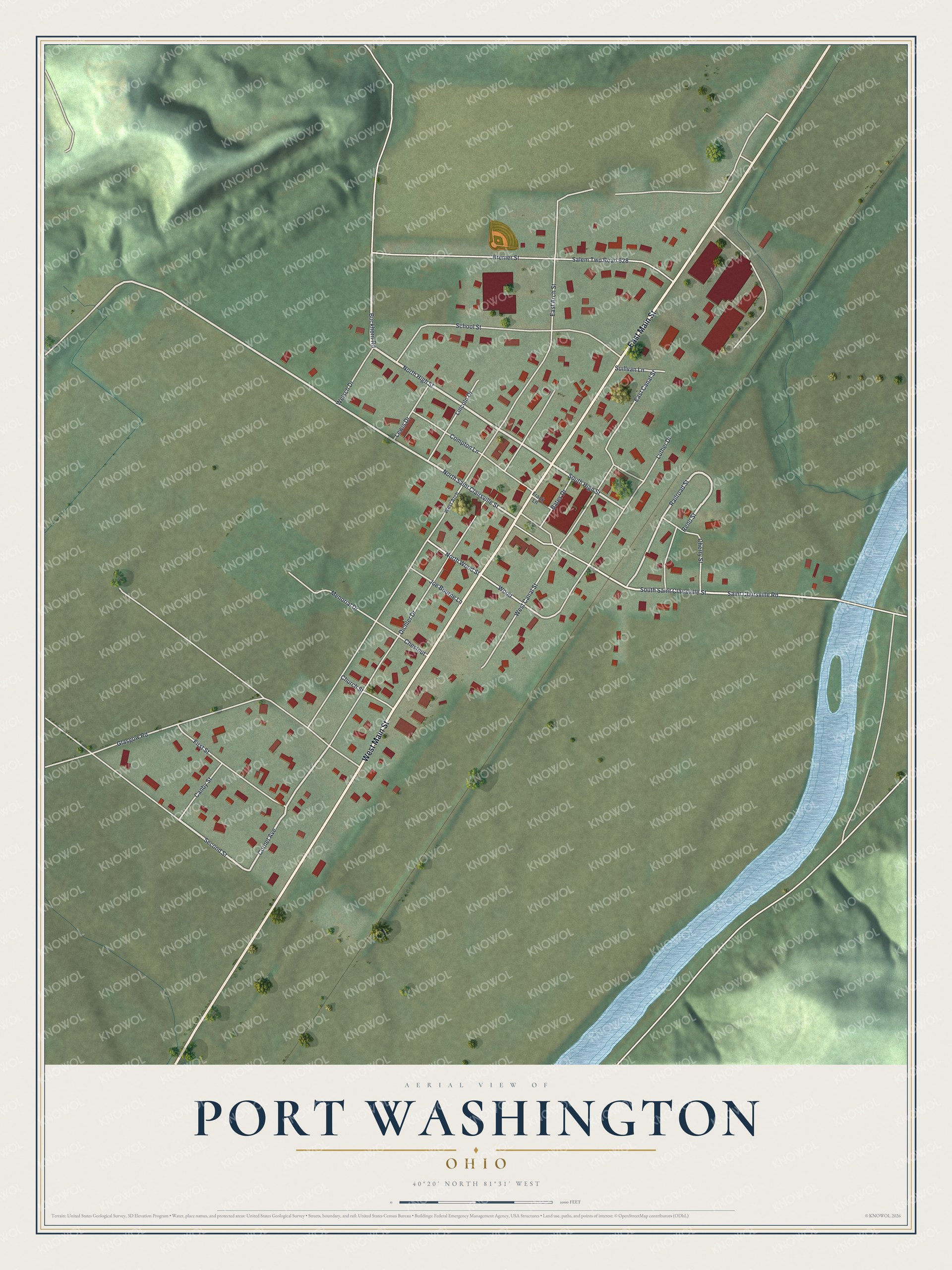 Full map of Port Washington, Ohio, with red buildings, printed street names and the land around them