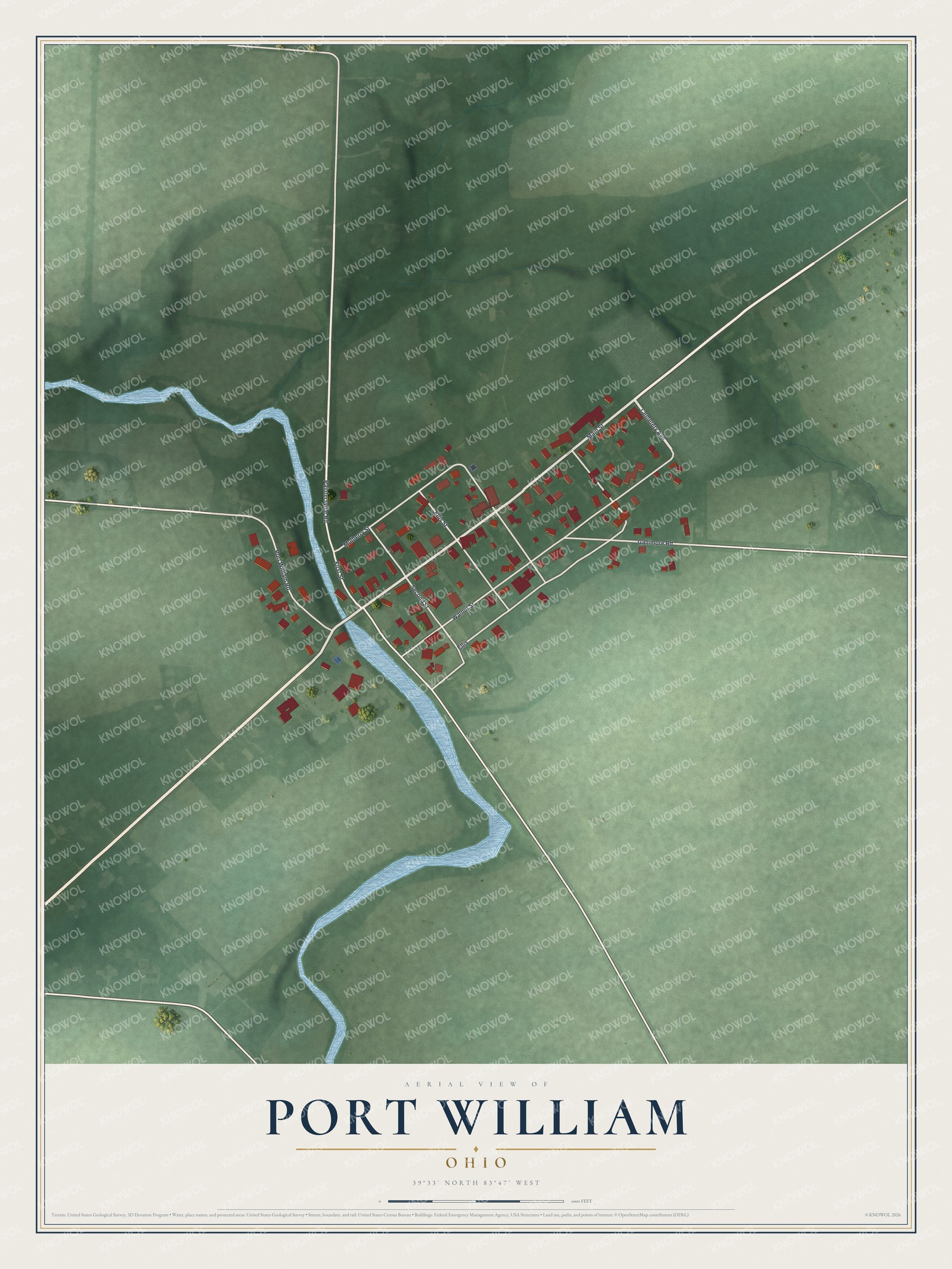 Full map of Port William, Ohio, with red buildings, printed street names and the land around them