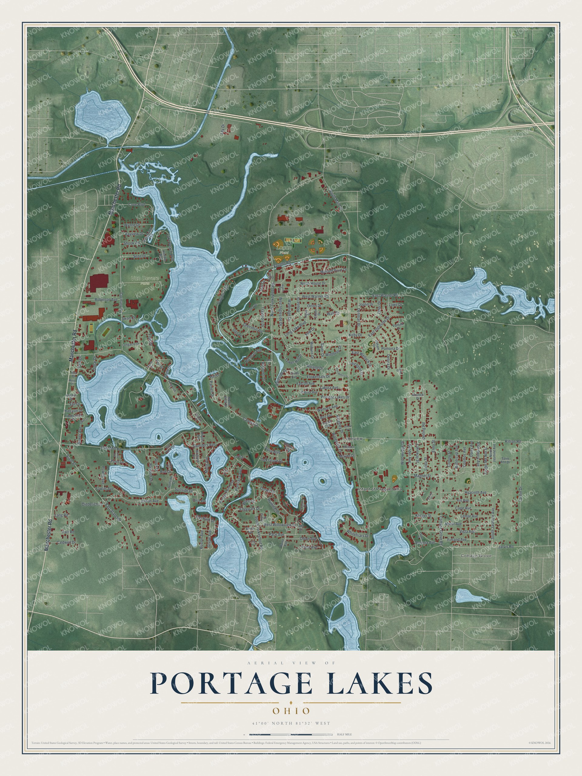 Full map of Portage Lakes, Ohio, with red buildings, printed street names and the land around them