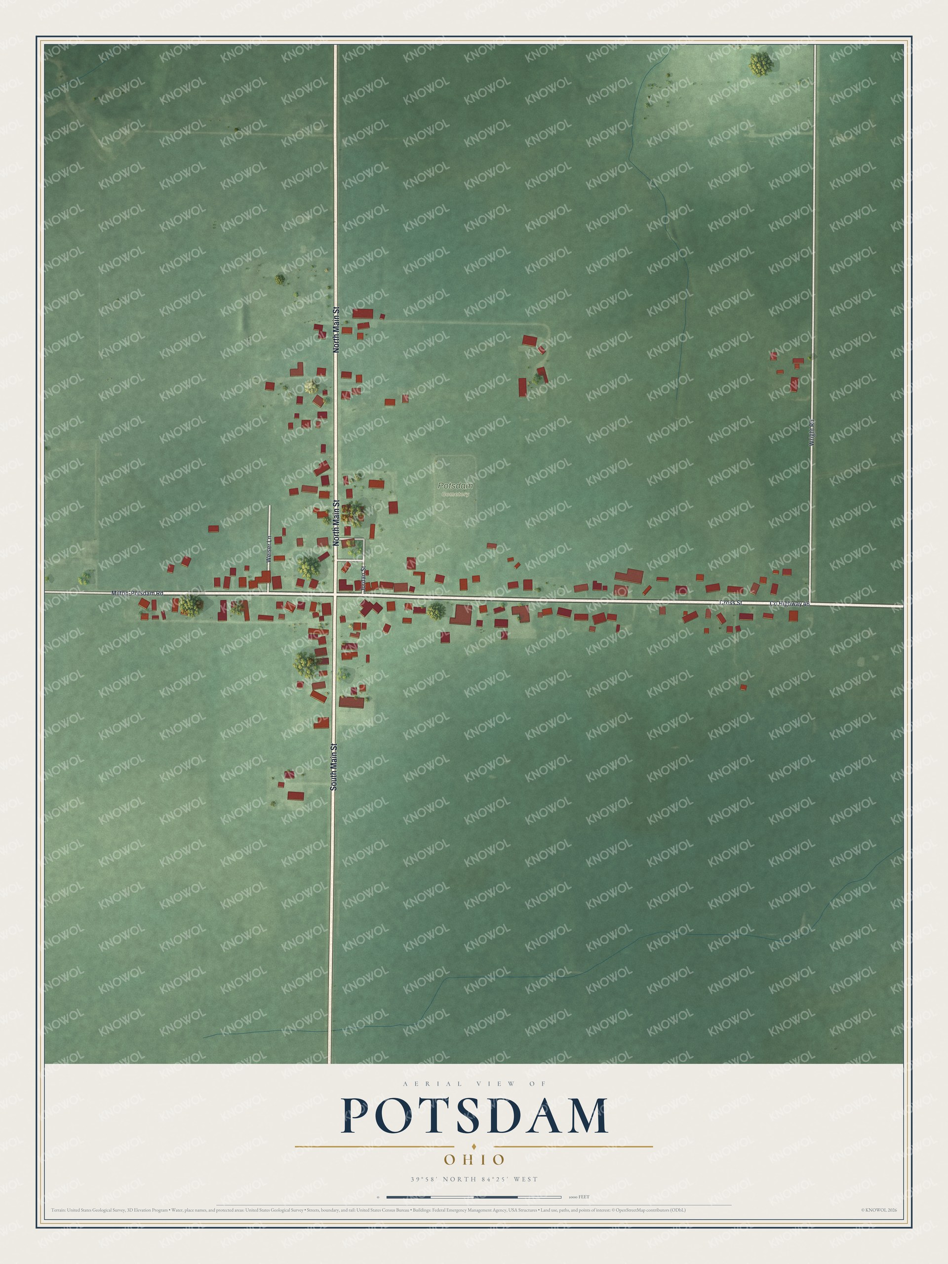 Full map of Potsdam, Ohio, with red buildings, printed street names and the land around them