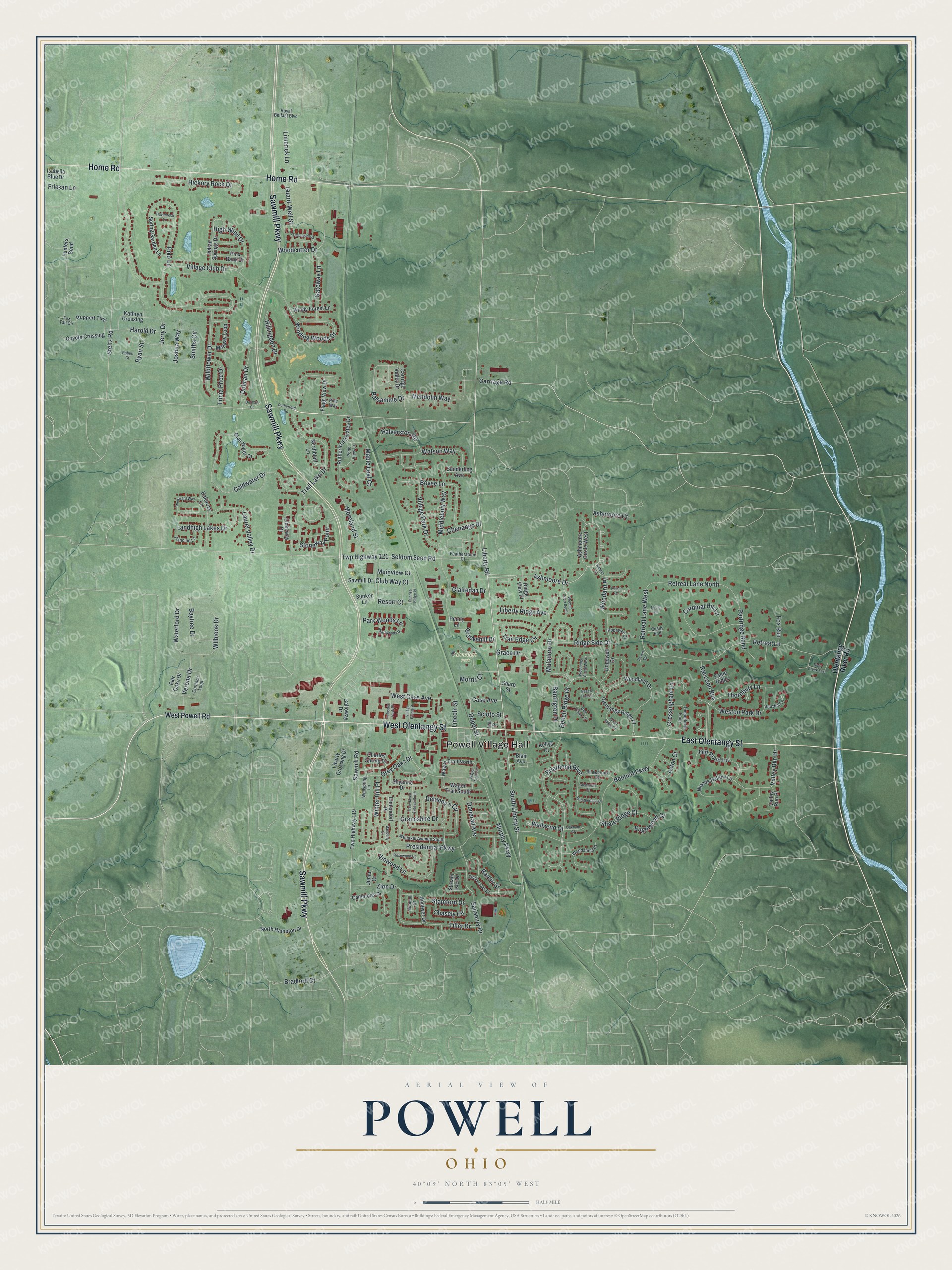 Full map of Powell, Ohio, with red buildings, printed street names and the land around them