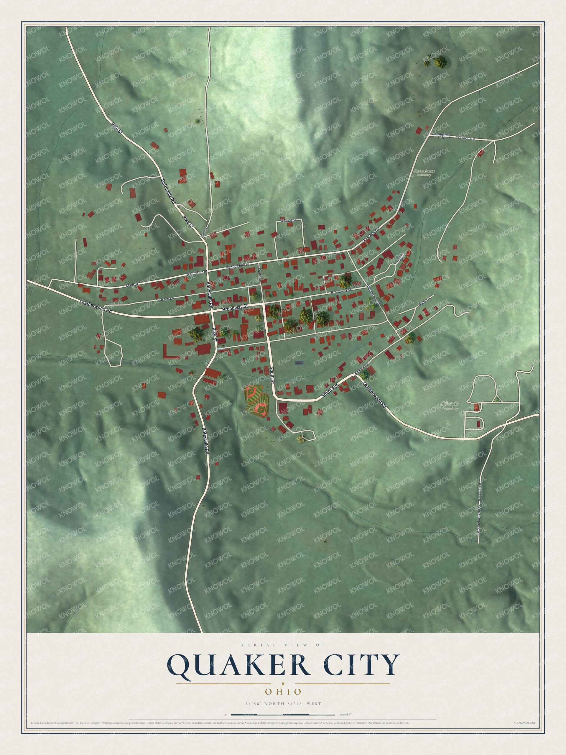 Full map of Quaker City, Ohio, with red buildings, printed street names and the land around them