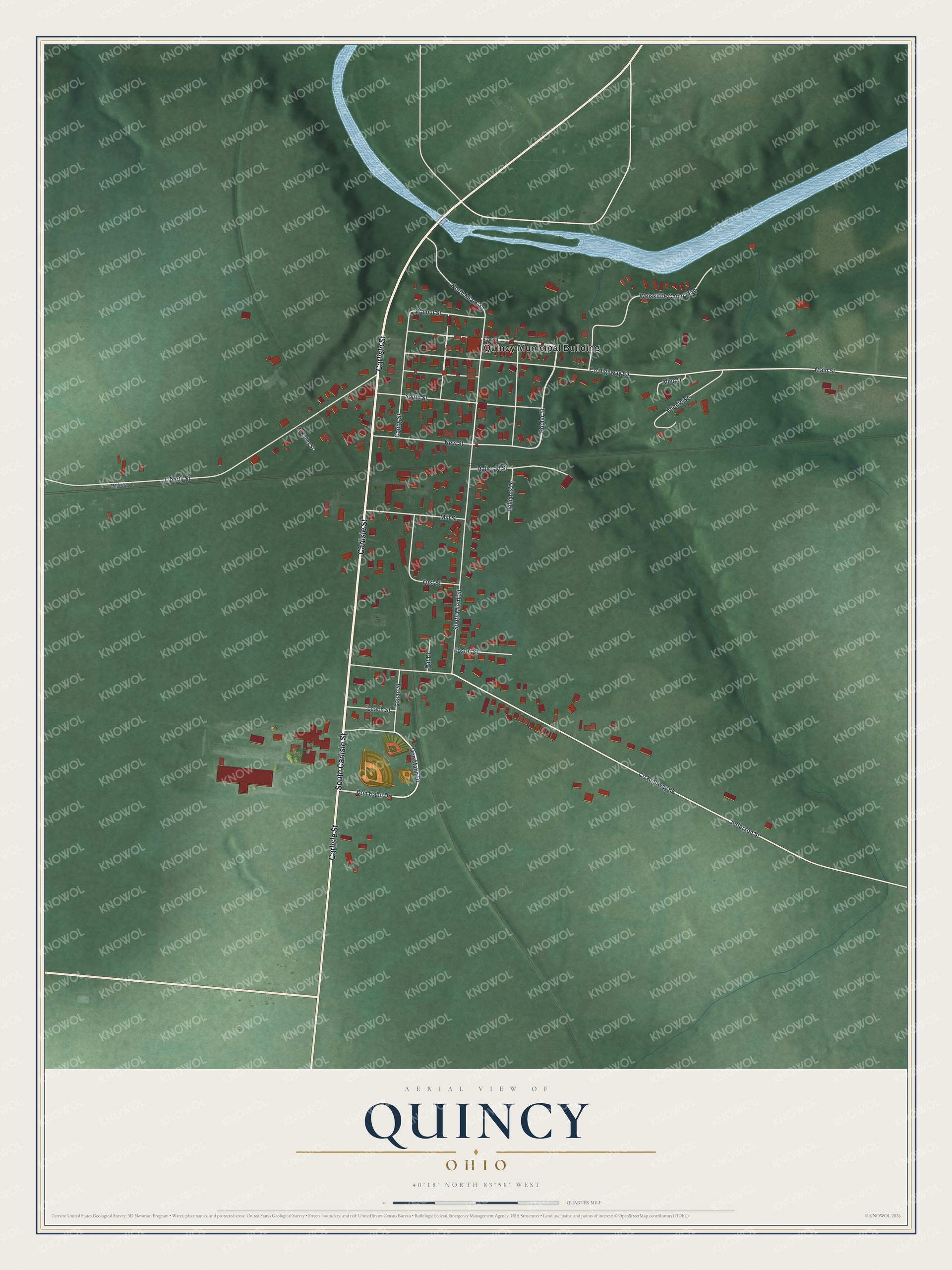 Full map of Quincy, Ohio, with red buildings, printed street names and the land around them