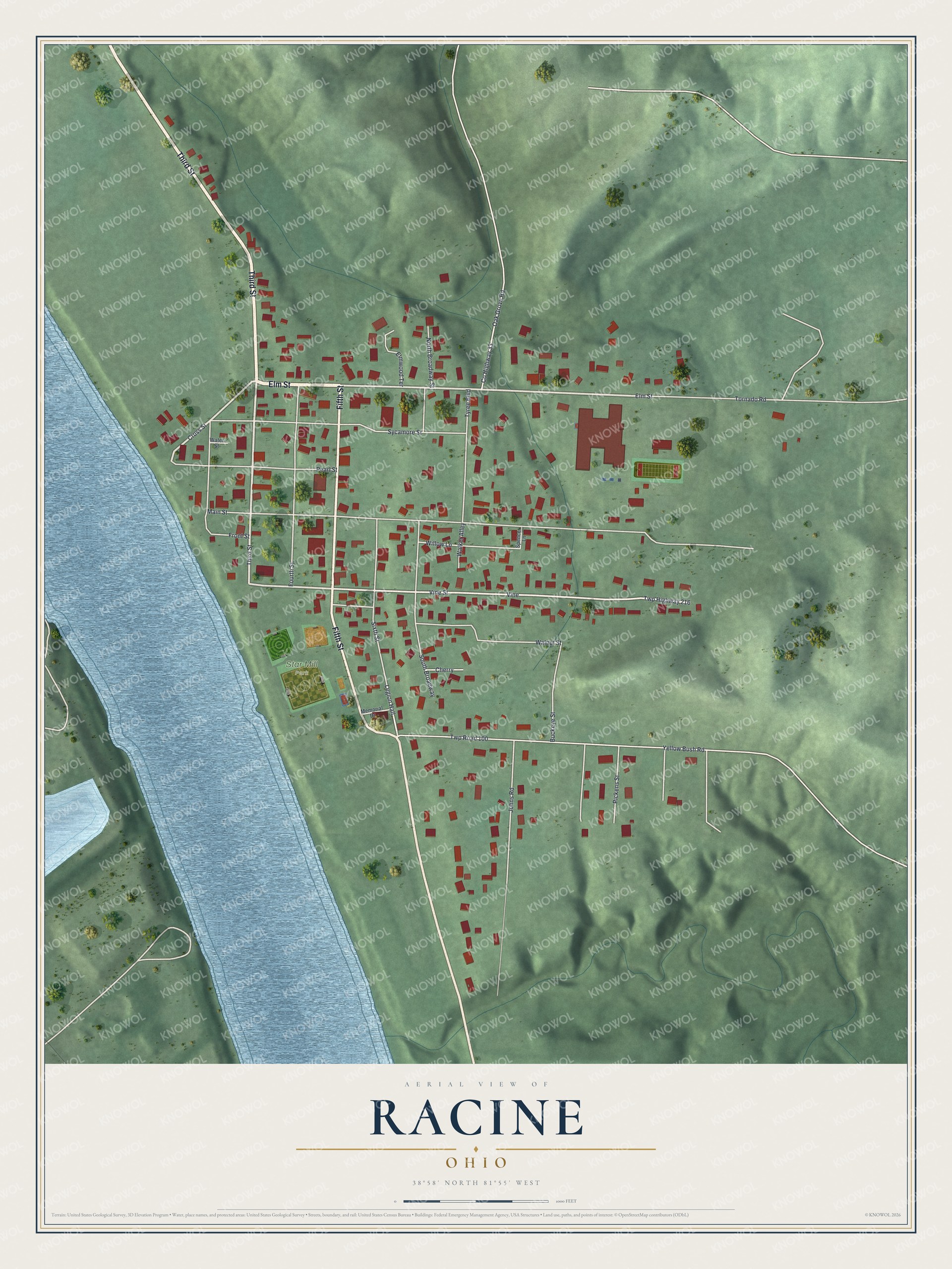 Full map of Racine, Ohio, with red buildings, printed street names and the land around them