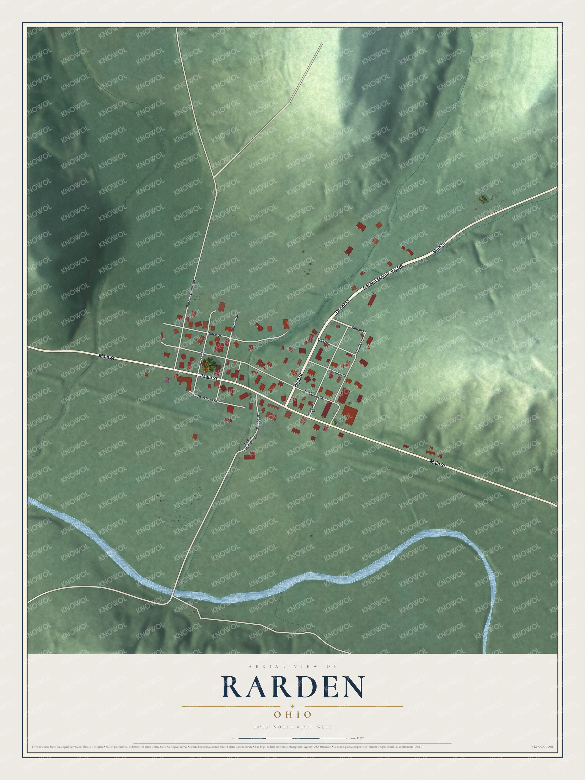Full map of Rarden, Ohio, with red buildings, printed street names and the land around them