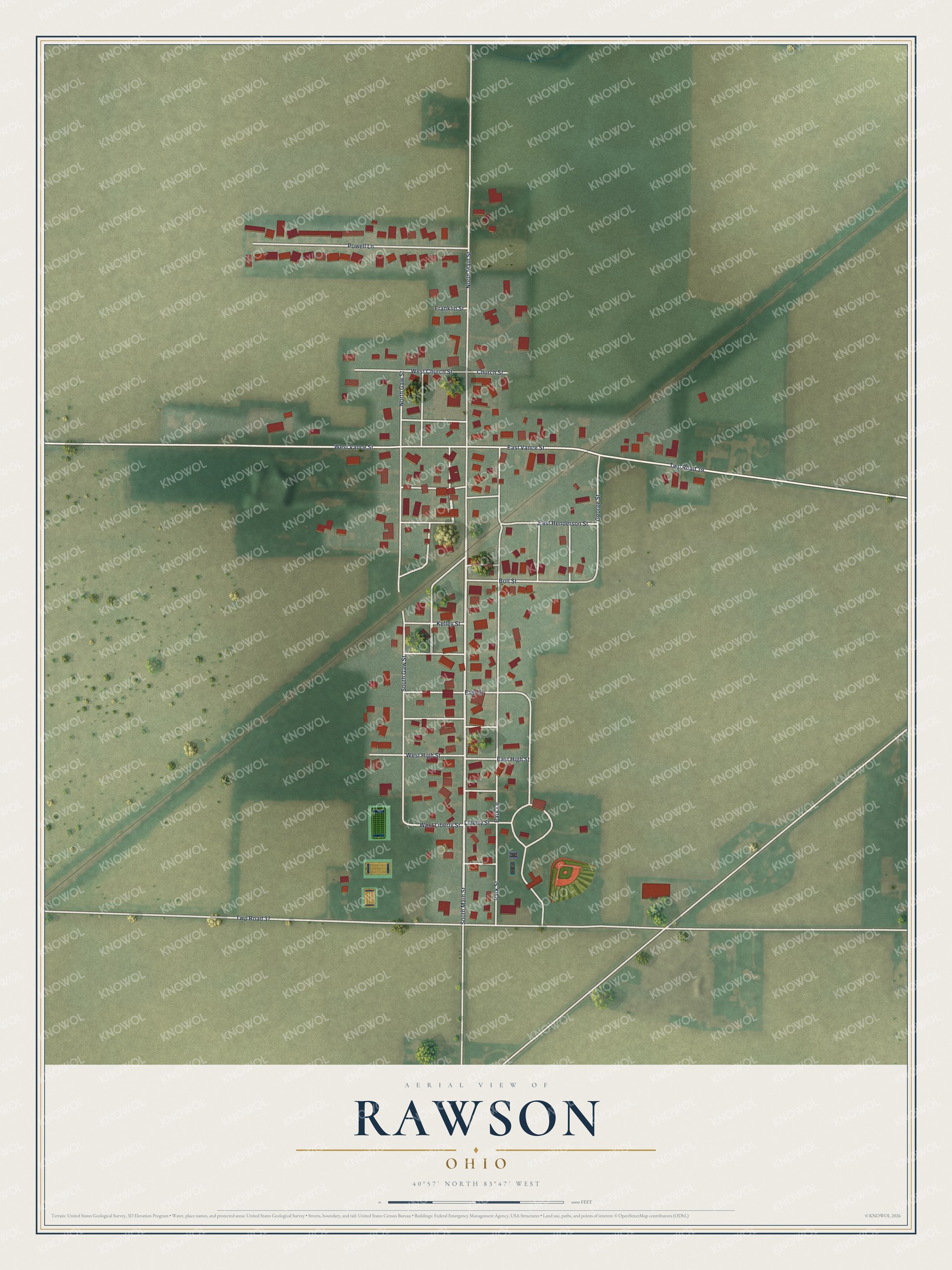 Full map of Rawson, Ohio, with red buildings, printed street names and the land around them
