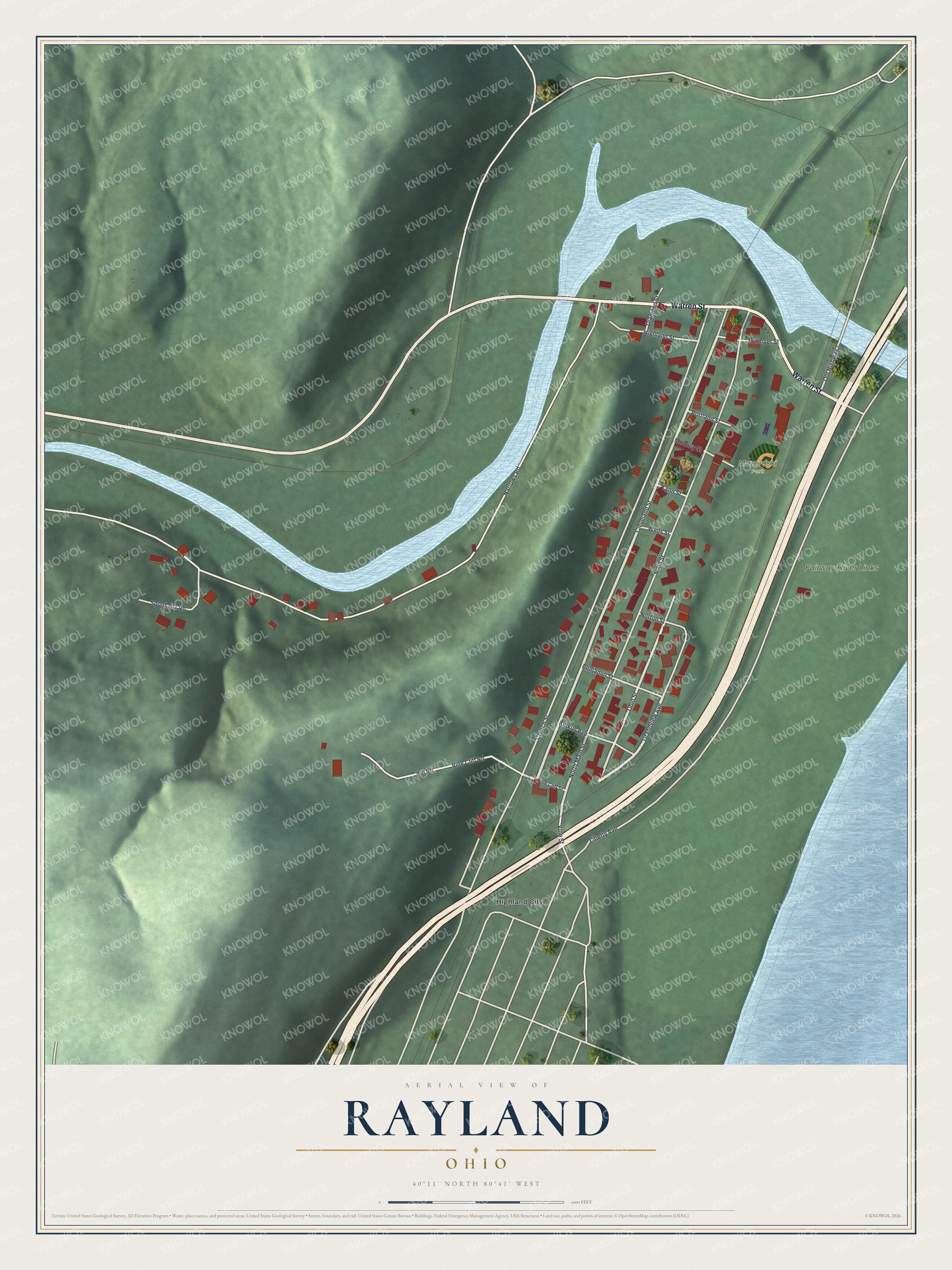 Full map of Rayland, Ohio, with red buildings, printed street names and the land around them