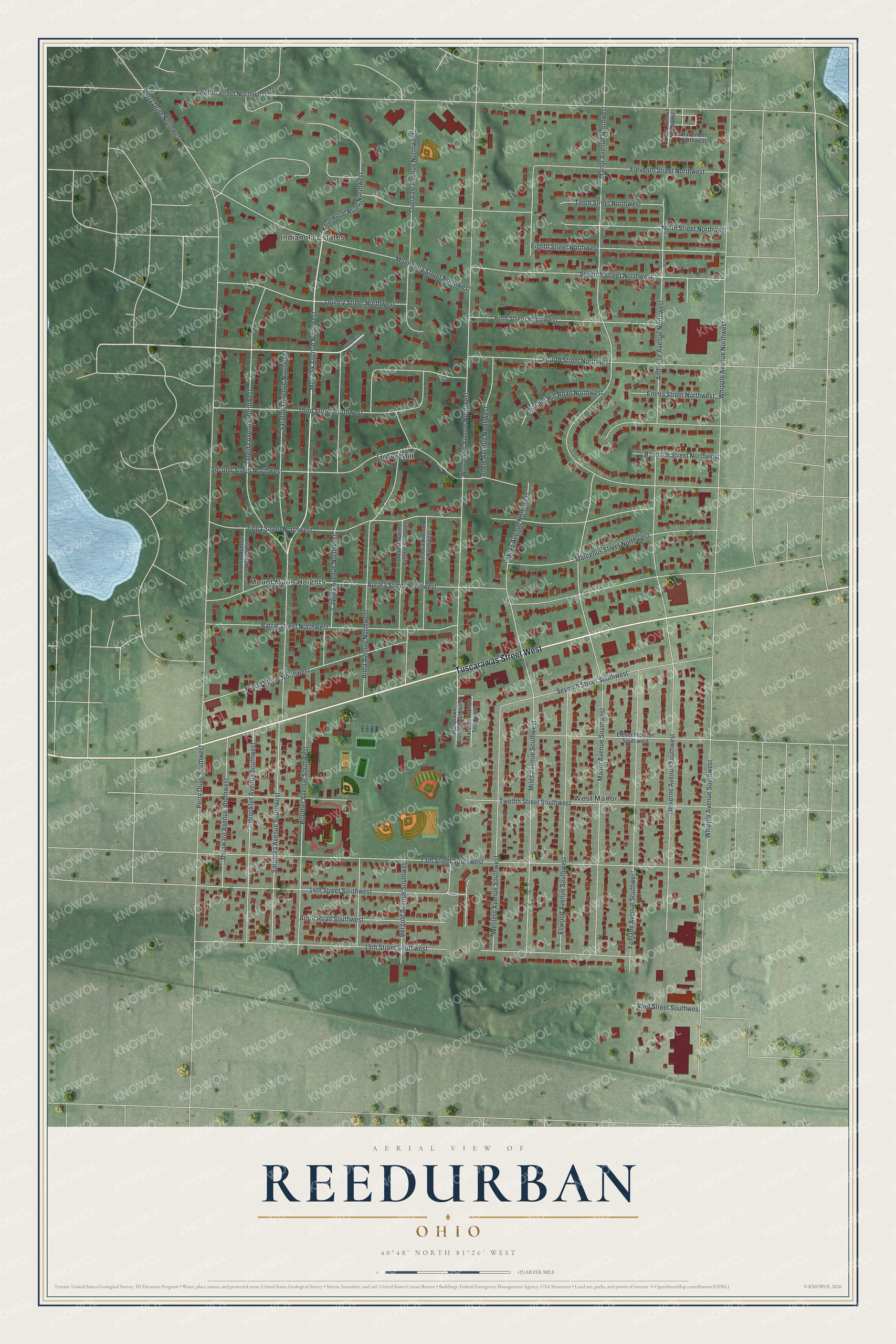 Full map of Reedurban, Ohio, with red buildings, printed street names and the land around them