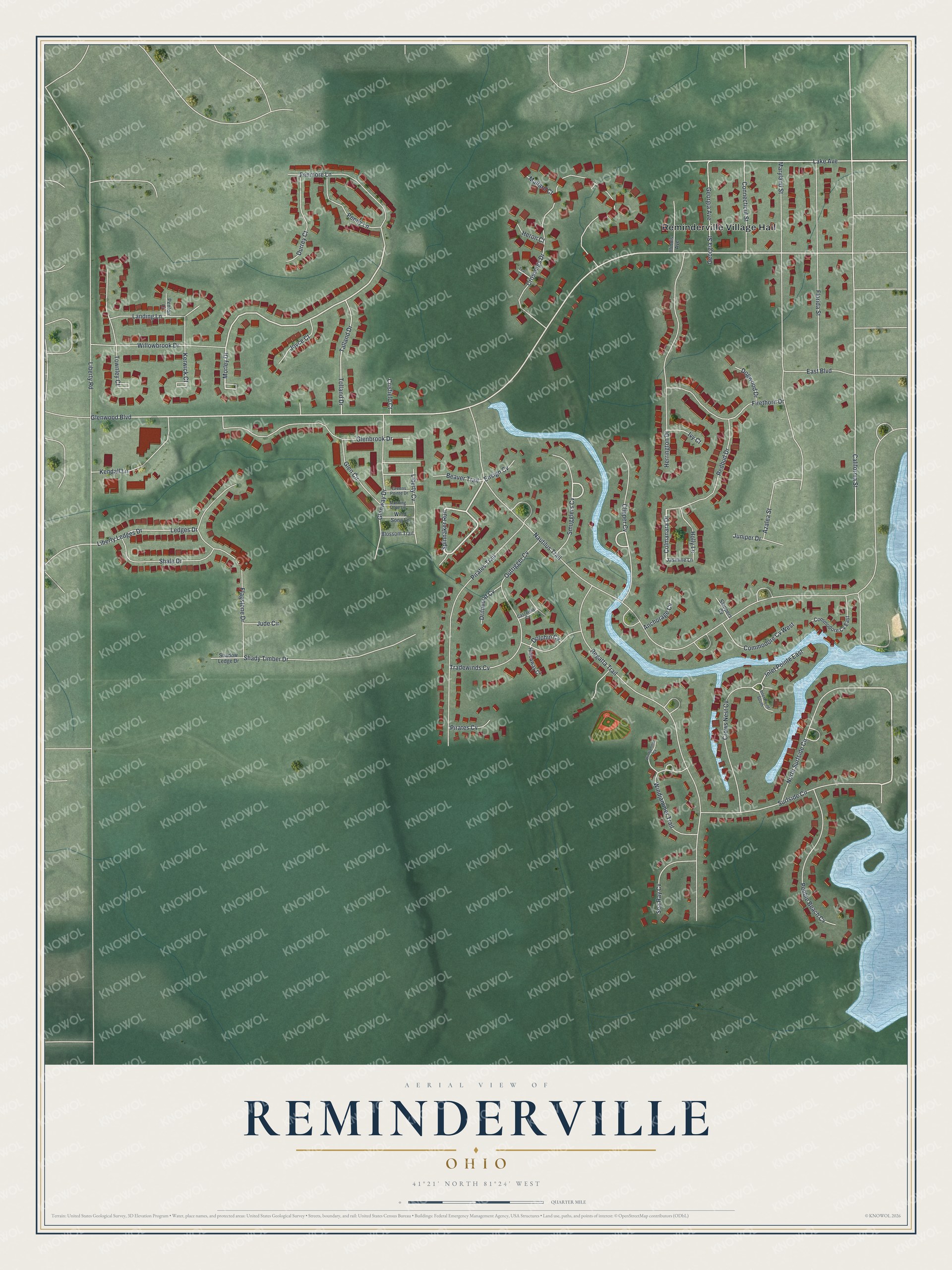 Full map of Reminderville, Ohio, with red buildings, printed street names and the land around them