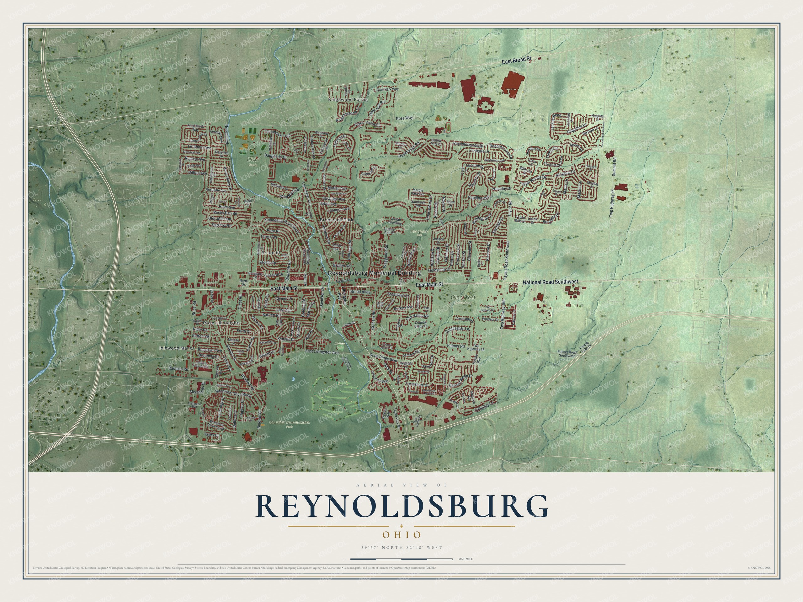 Full map of Reynoldsburg, Ohio, with red buildings, printed street names and the land around them