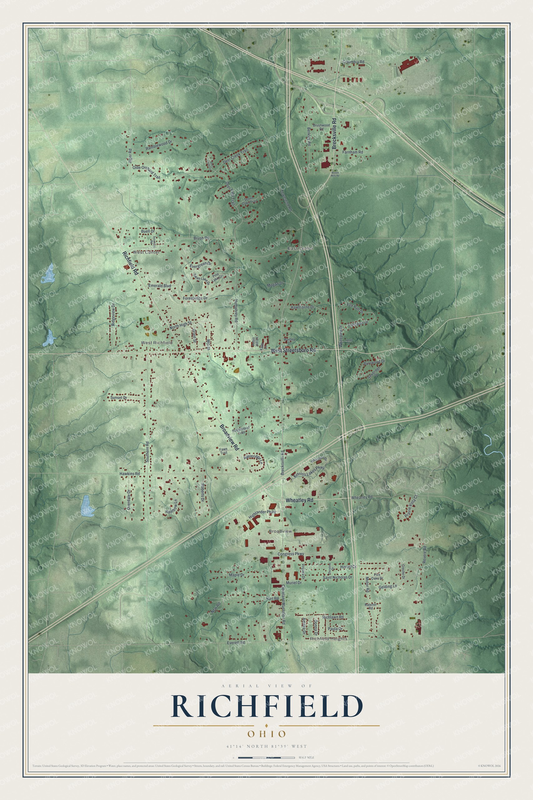 Full aerial map of Richfield, Ohio, with green shaded hills, red buildings, blue water and a cream title panel