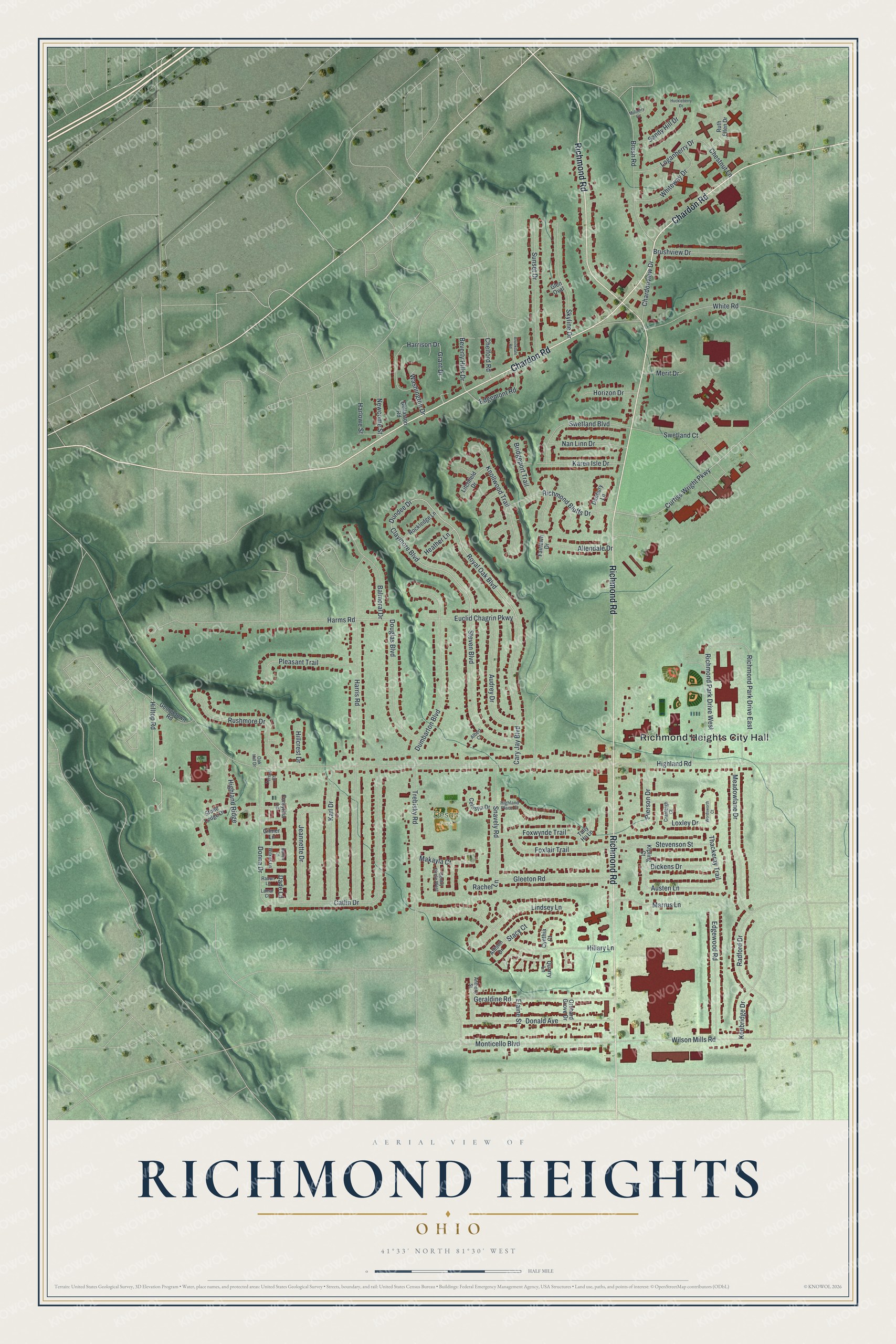 Full map of Richmond Heights, Ohio, with red buildings, printed street names and the land around them