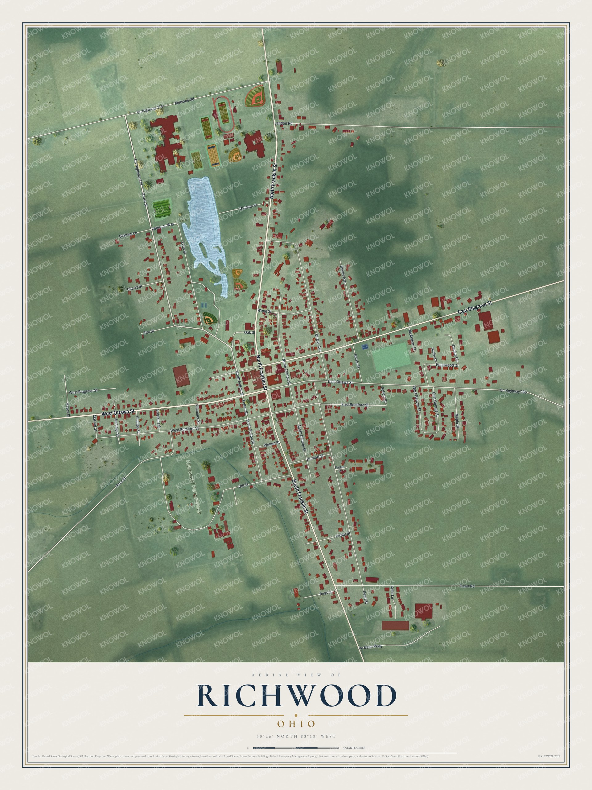 Aerial-style map of Richwood, Ohio, with red buildings along Franklin Street, green fields and the fairgrounds oval