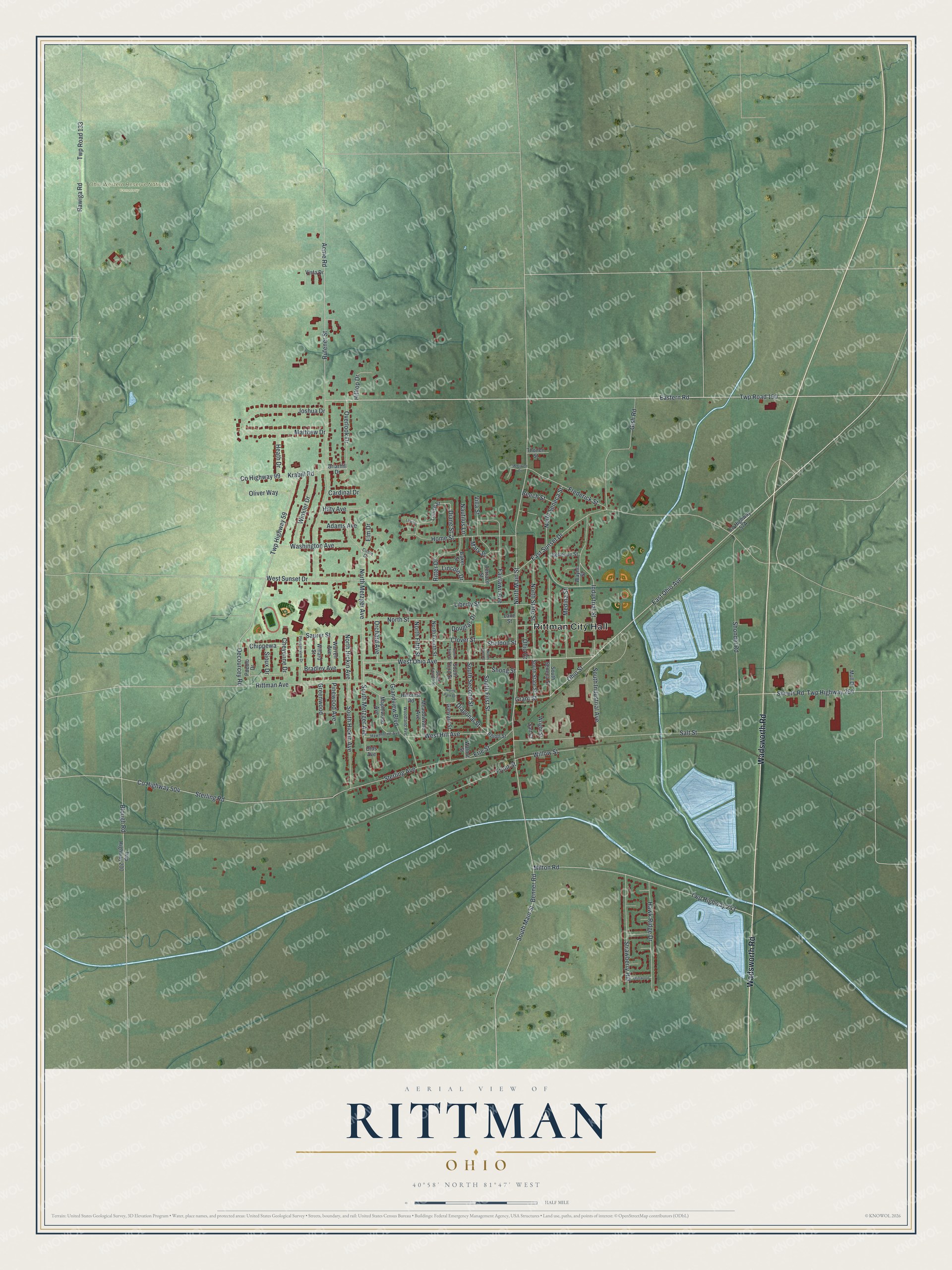 Full map of Rittman, Ohio, with red buildings, printed street names and the land around them