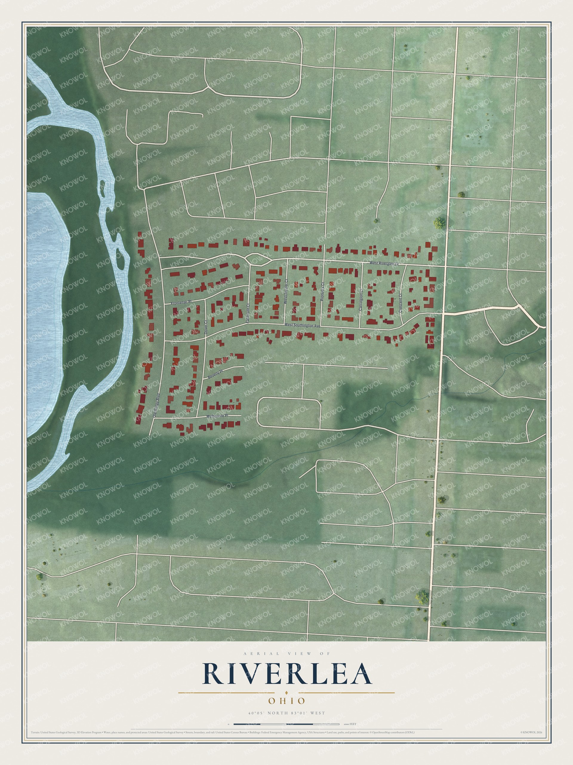 Full map of Riverlea, Ohio, with red buildings, printed street names and the land around them