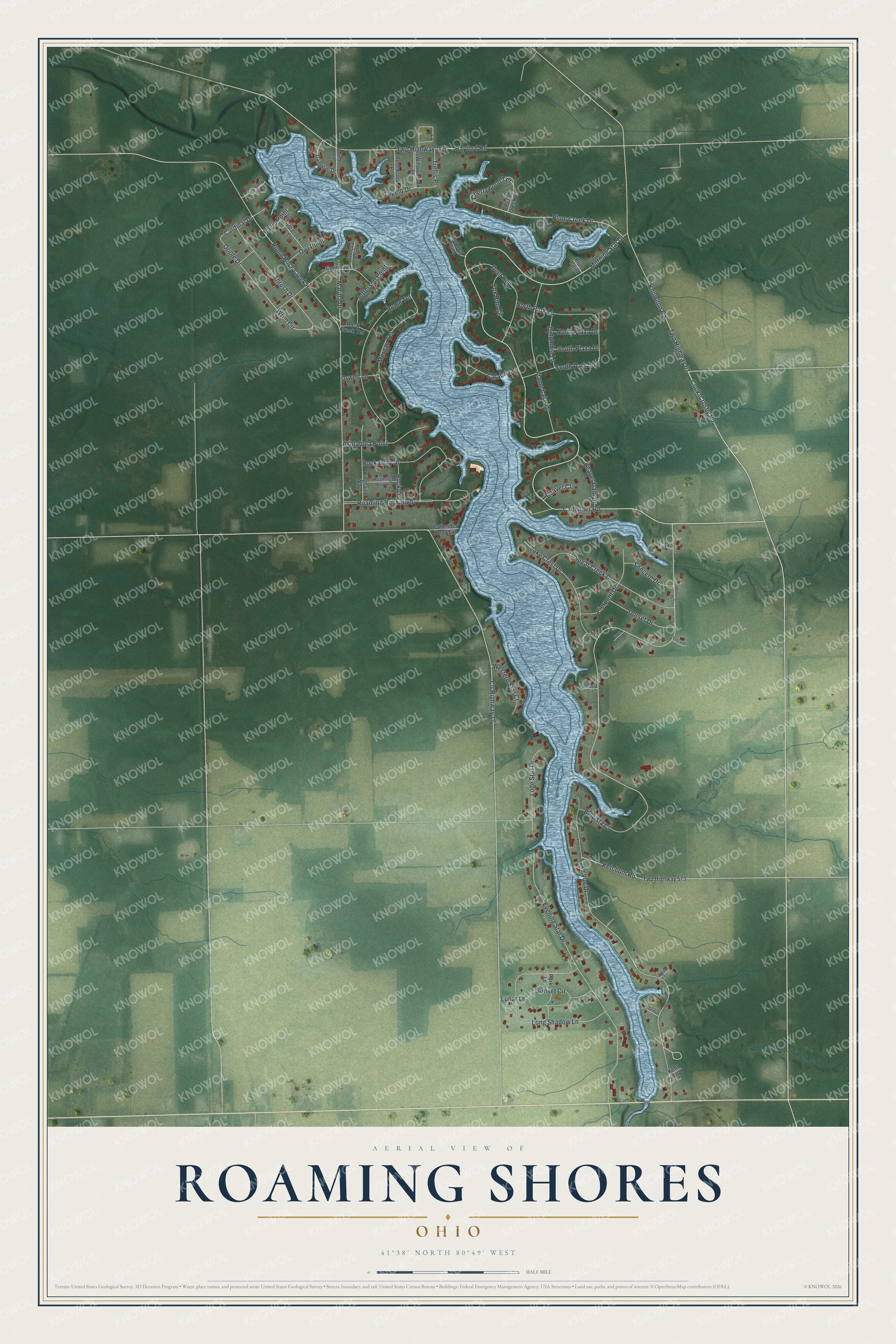 Full map of Roaming Shores, Ohio, with red buildings, printed street names and the land around them