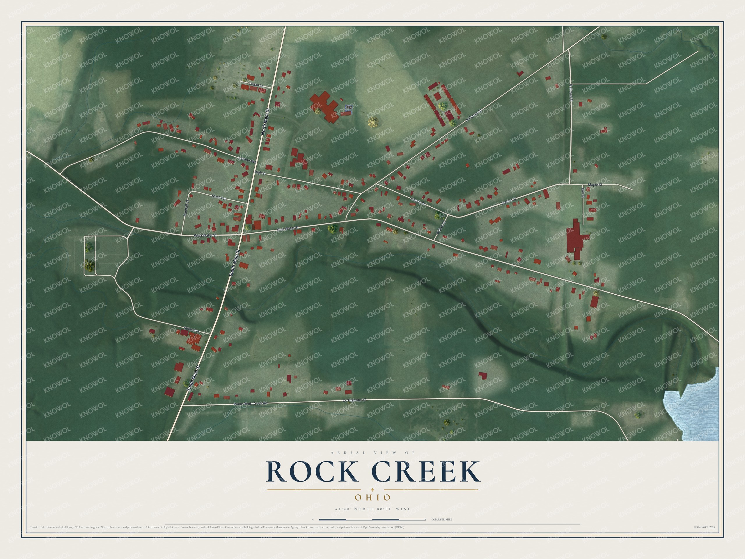 Full map of Rock Creek, Ohio, with red buildings, printed street names and the land around them