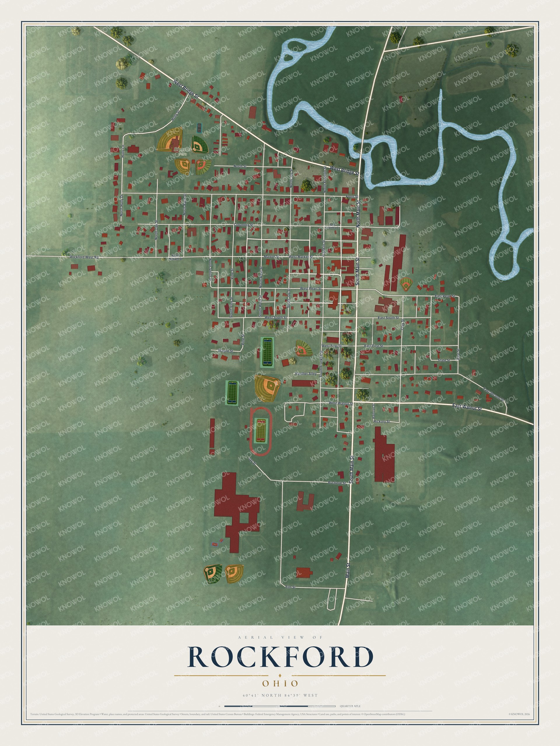 Full map of Rockford, Ohio, with red buildings, printed street names and the land around them