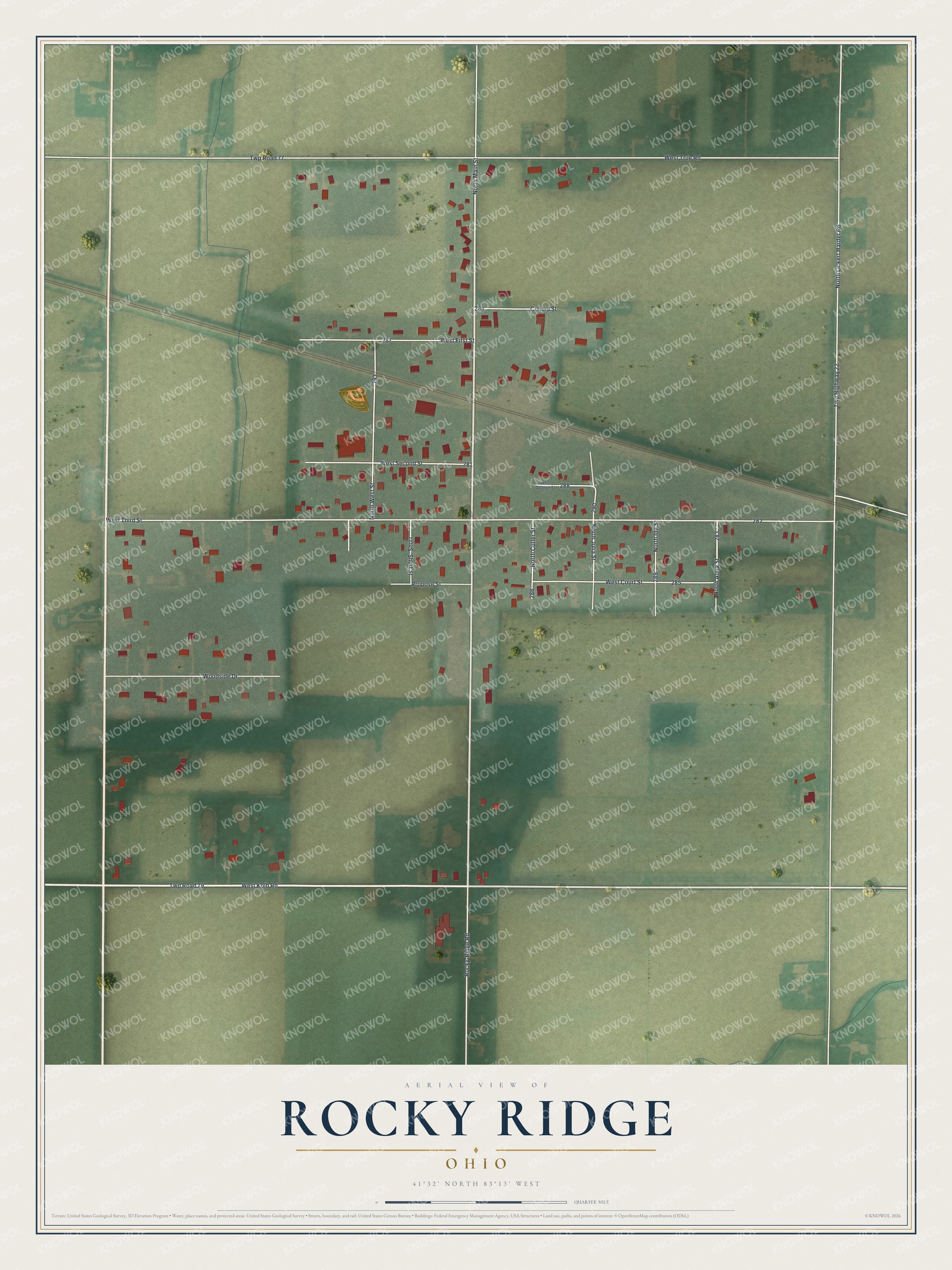 Full map of Rocky Ridge, Ohio, with red buildings, printed street names and the land around them
