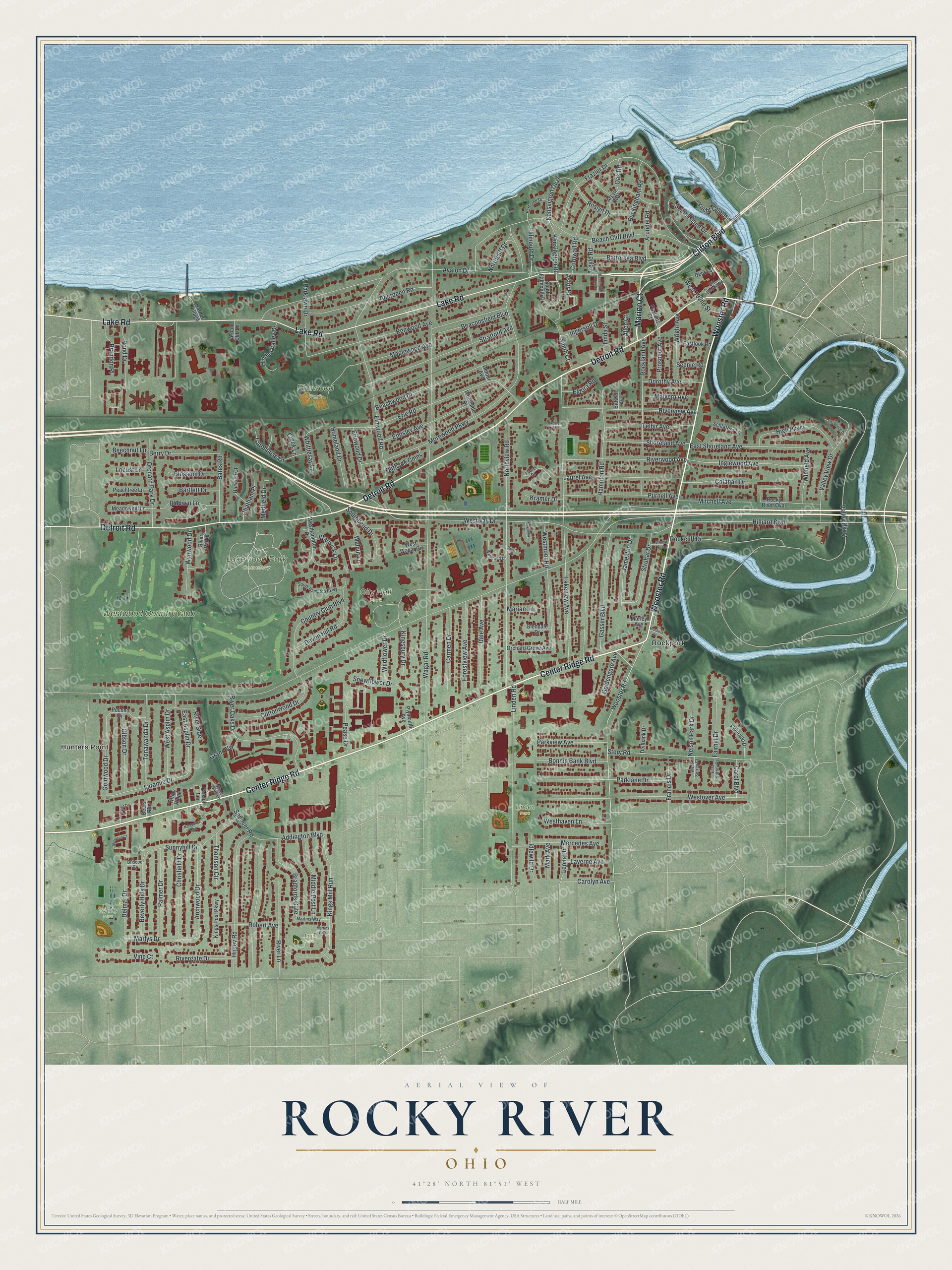 Full map of Rocky River, Ohio, with red buildings, printed street names and the land around them