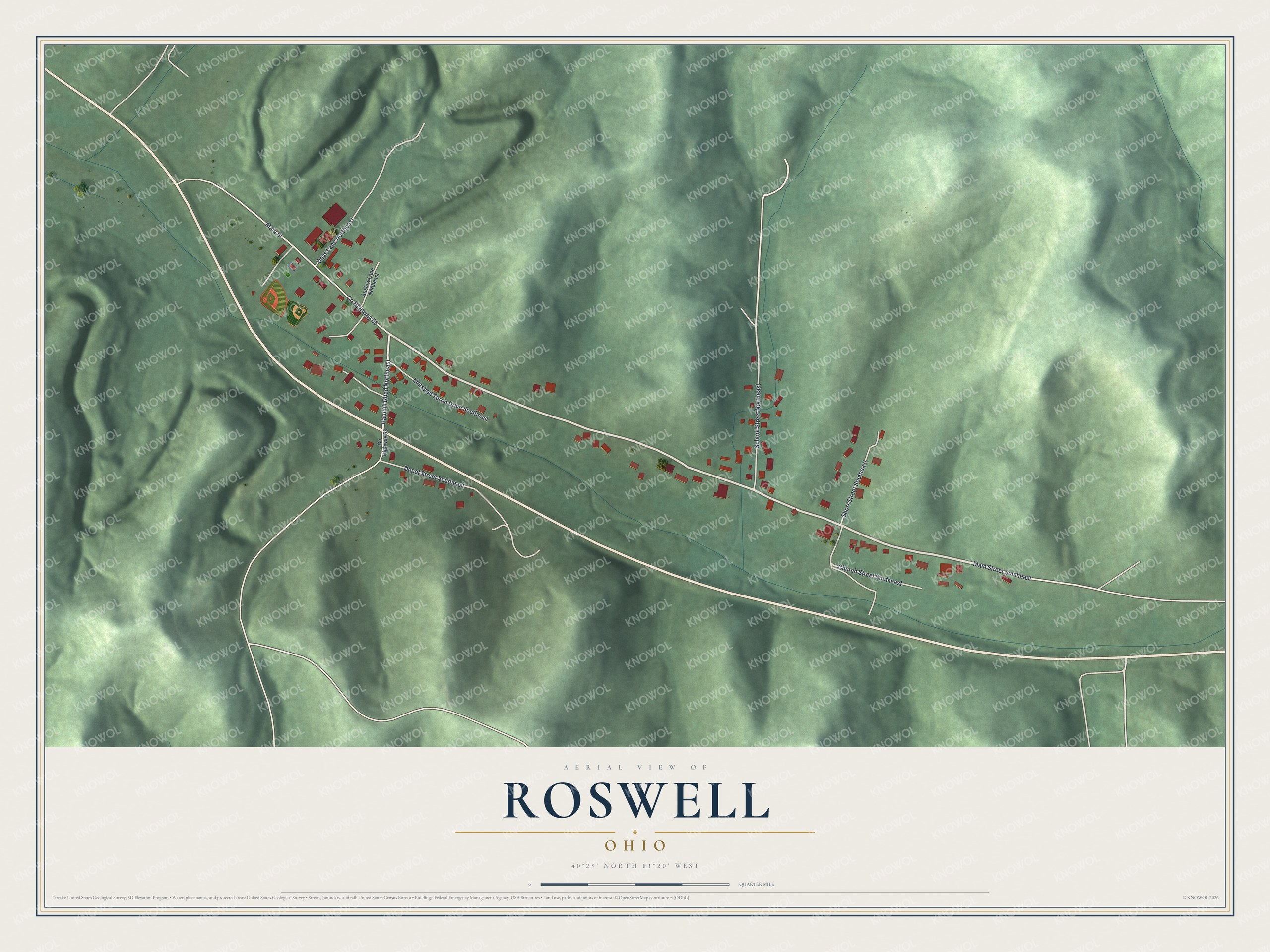 Full map of Roswell, Ohio, with red buildings, printed street names and the land around them