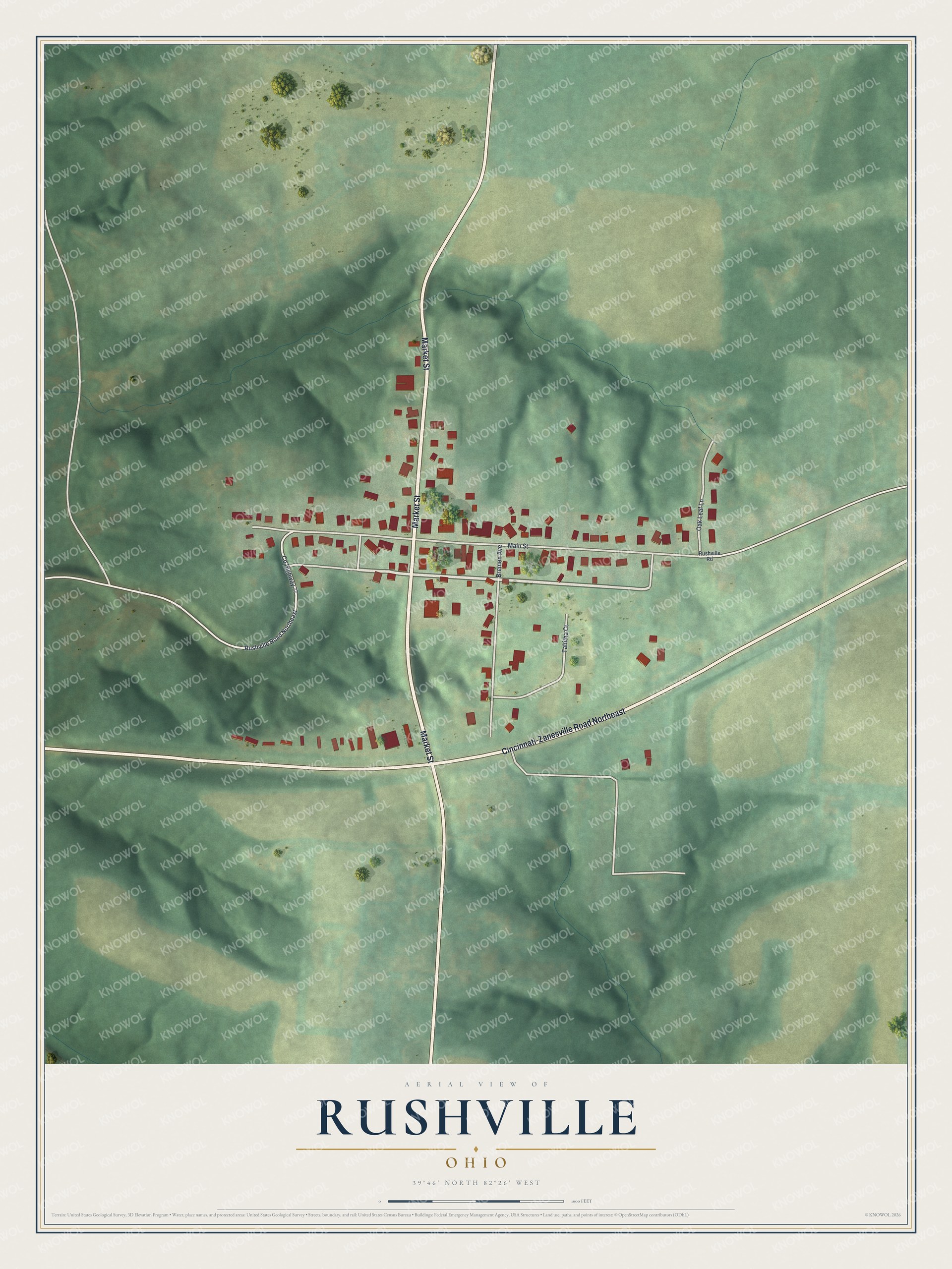 Full map of Rushville, Ohio, with red buildings, printed street names and the land around them