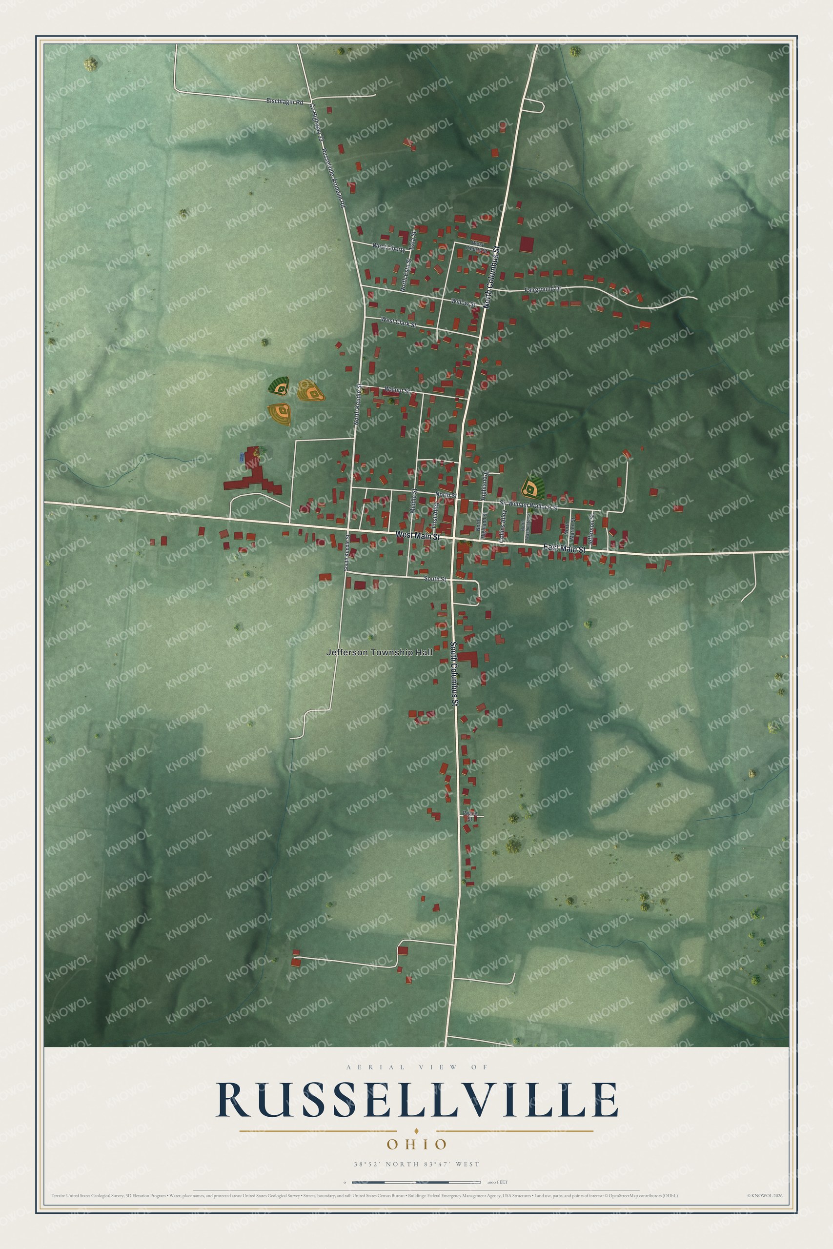 Full map of Russellville, Ohio, with red buildings, printed street names and the land around them