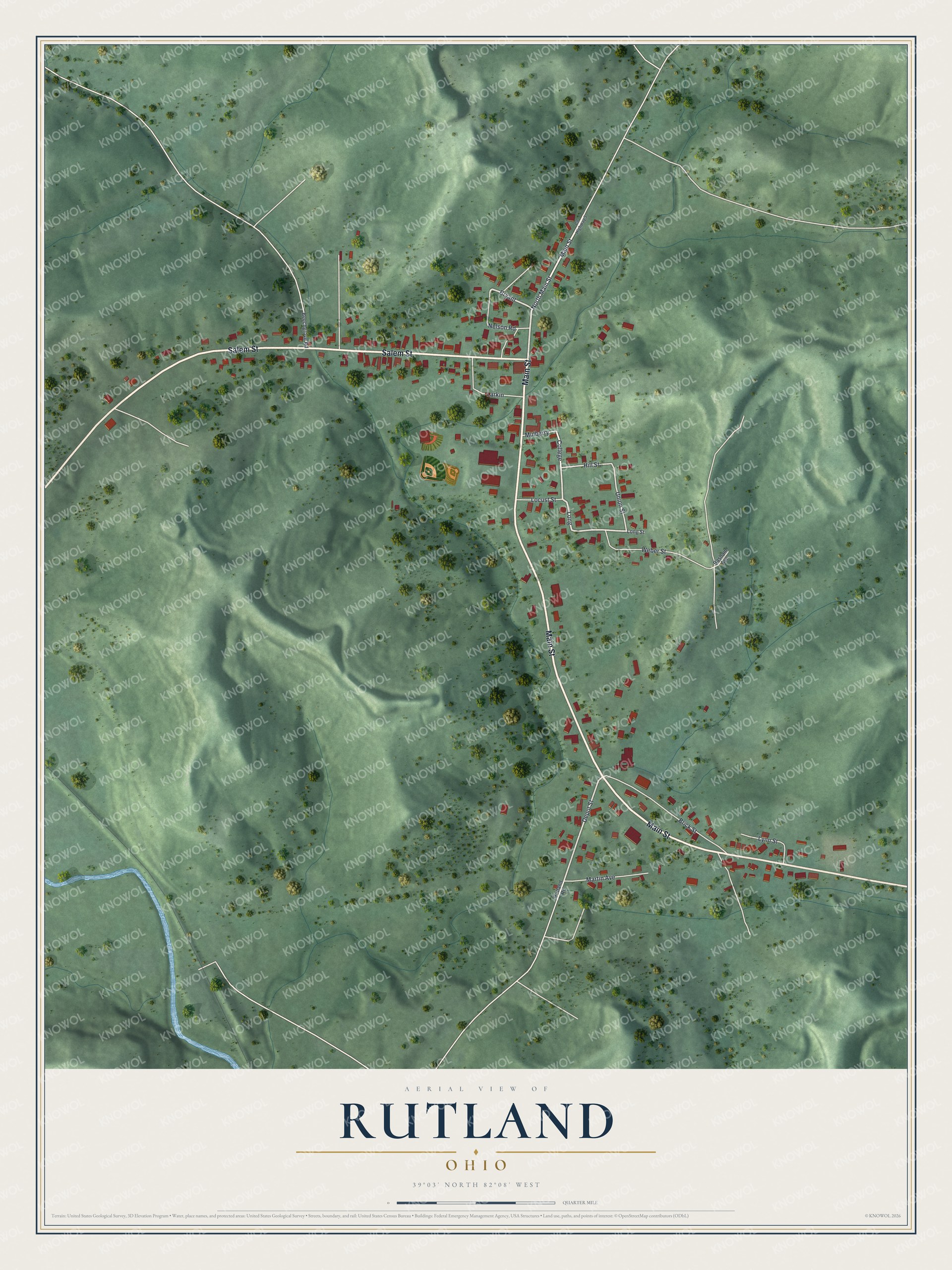Full map of Rutland, Ohio, with red buildings, printed street names and the land around them